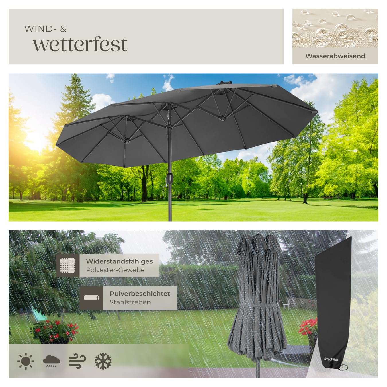 tectake 800936 Doppelsonnenschirm mit Handkurbel, 460 x 270 cm, oval, Aluminium Sonnenschirm mit Sonnenschutz UV50+, für Garten Terrasse Markt Café
