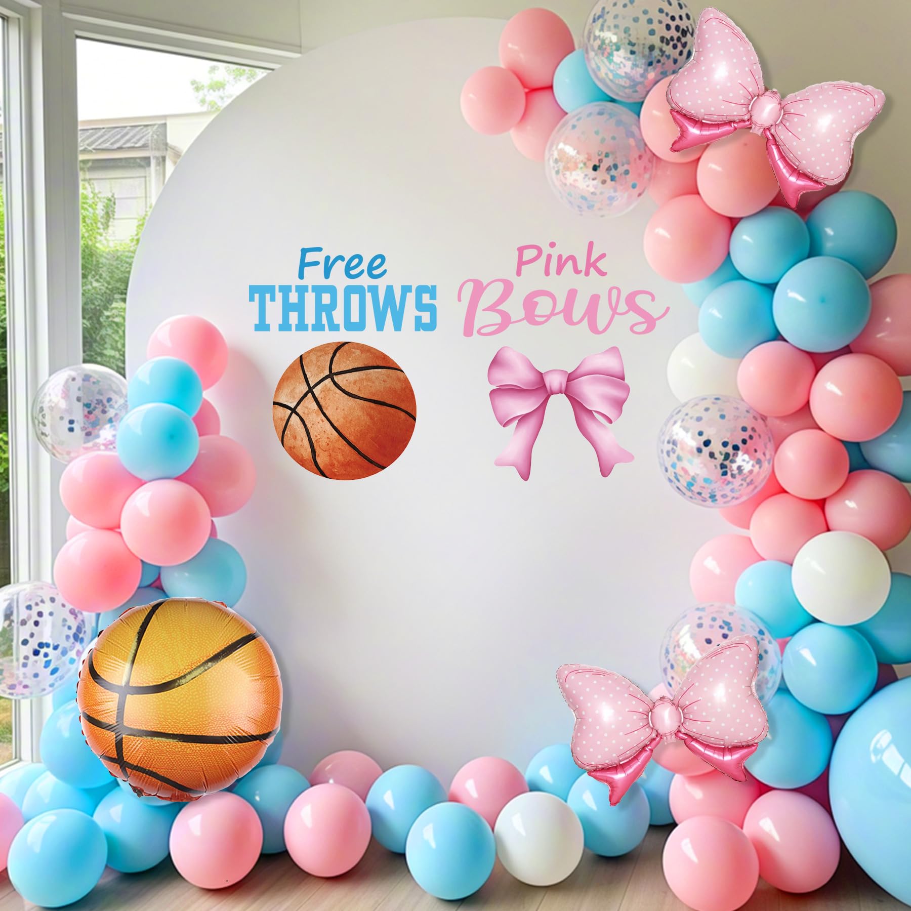 Free Throws or Pink Bows Gender Reveal Decorations - Free Throws or Pink Bows Sign Decal for Balloons Arch Backdrop, Basketball Baby Shower for Boy Girls