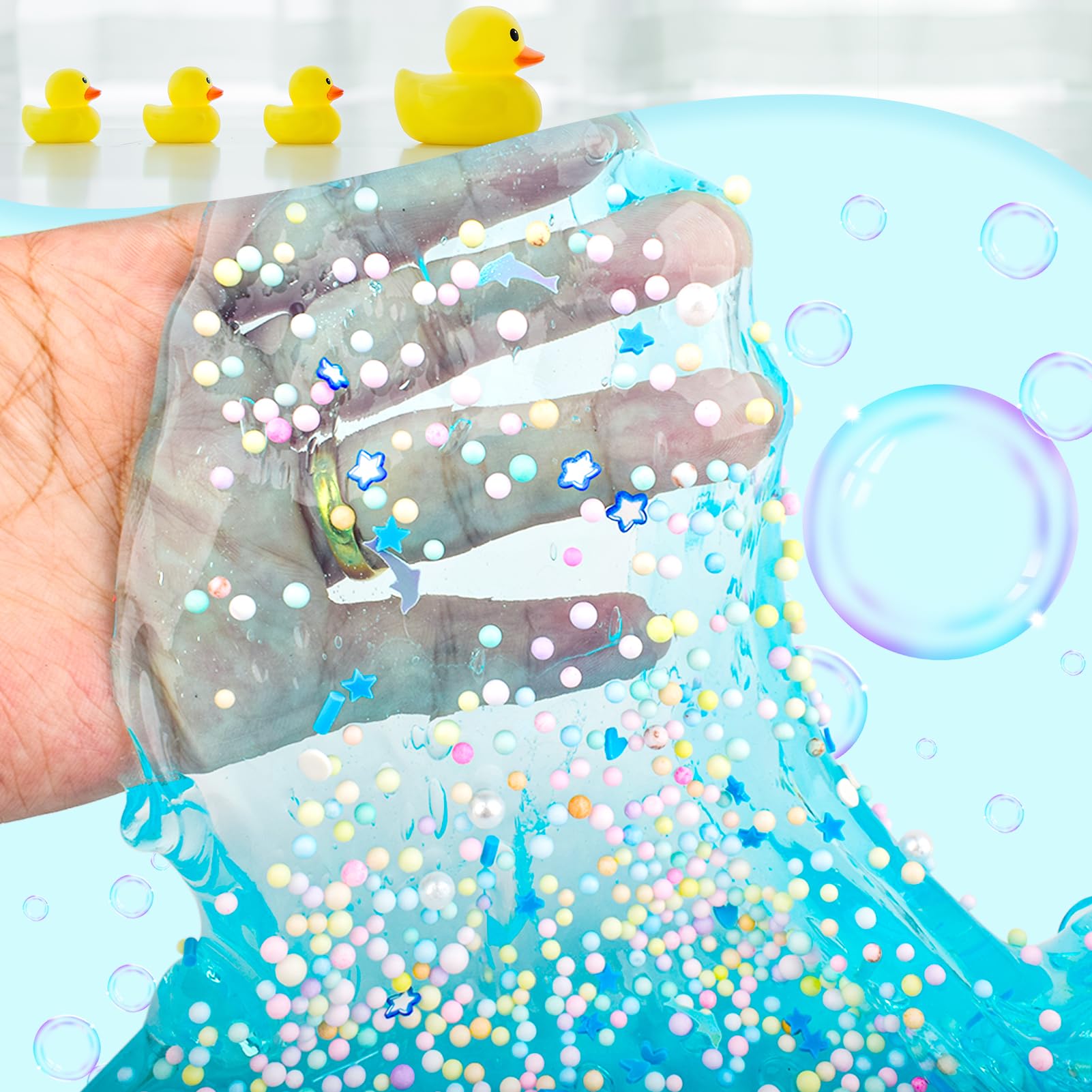 Blue Crystal Slime with Cute Yellow Ducks & Beads, Soft, Non-Sticky Sensory Toy with Foam Beads for Kids & Teens - Image 3