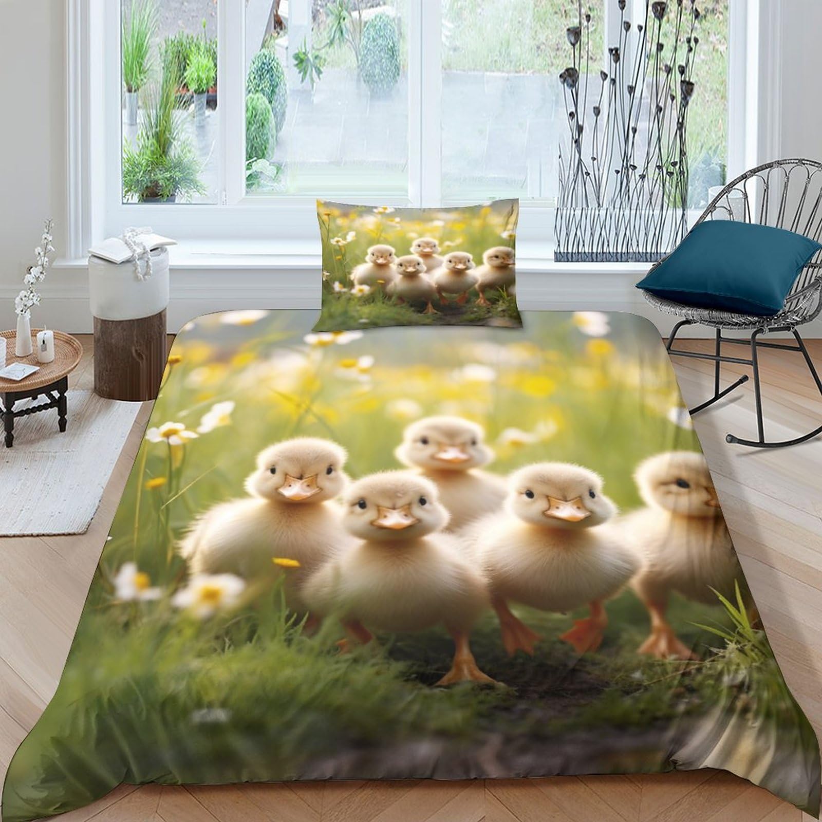 GEEYOU A Flock of Ducks Washable Comforter Cover Hidden Zipper Duvet Cover Set with Pillowcases Little Duck Bedding Set Soft Microfiber Quilt Cover Set Various Sizes for Kids Adults Single（135x200cm）
