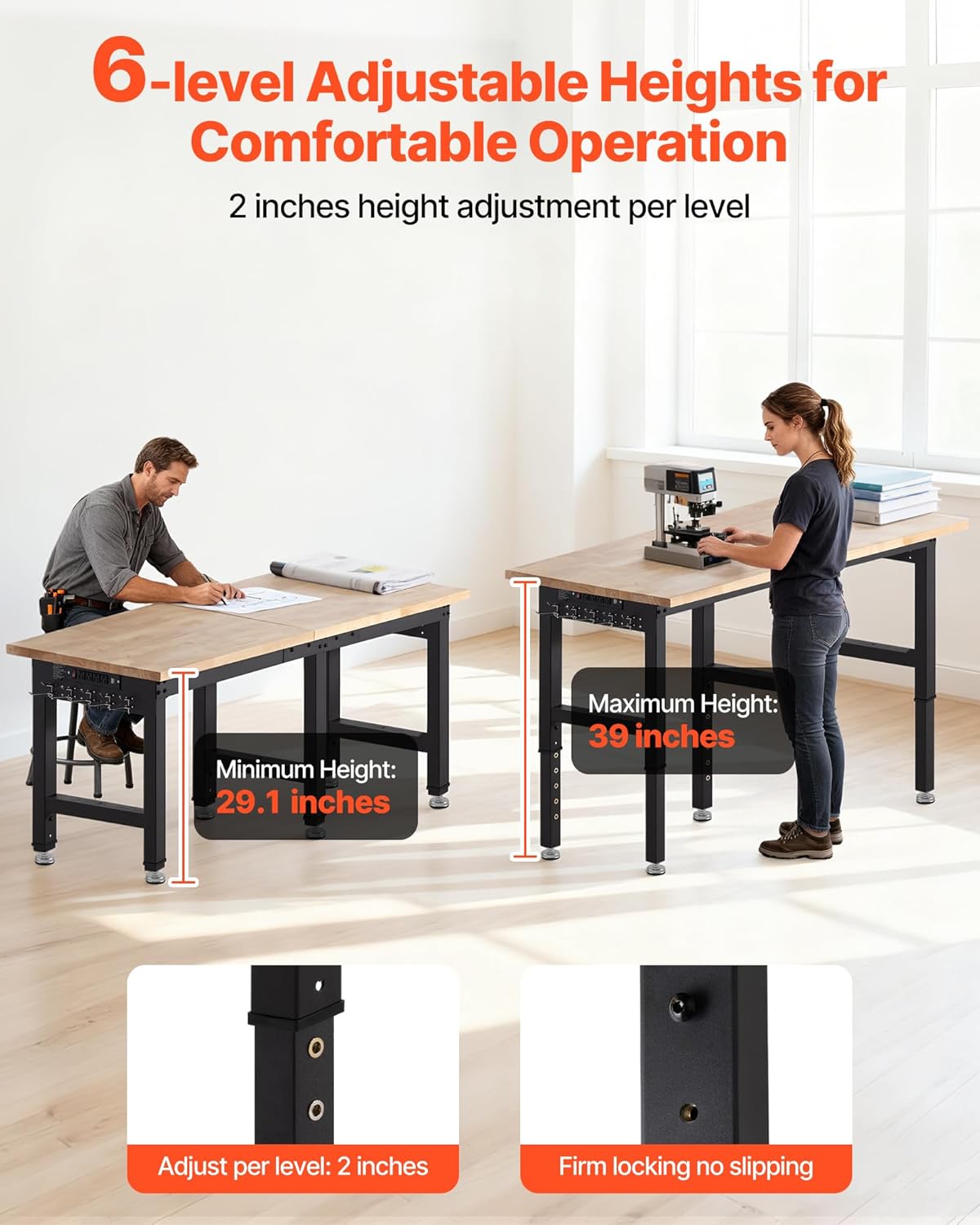 VEVOR Adjustable Workbench, 5000 lbs Capacity, 72 x 24 Inch Oak Wood Top Workstation with 4 AC Outlets & 2 USB Ports, Heavy-Duty Hardwood Worktable for Garage, Workshop, Home, Office, Commercial