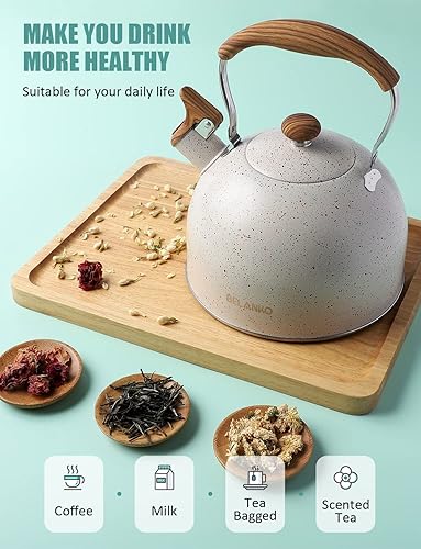 Miniatura 2 de BELANKO - Hervidor de té silbante de 85 onzas  2.5 litros, para estufa, acero inoxidable de grado alimenticio con mango plegable con patrón de