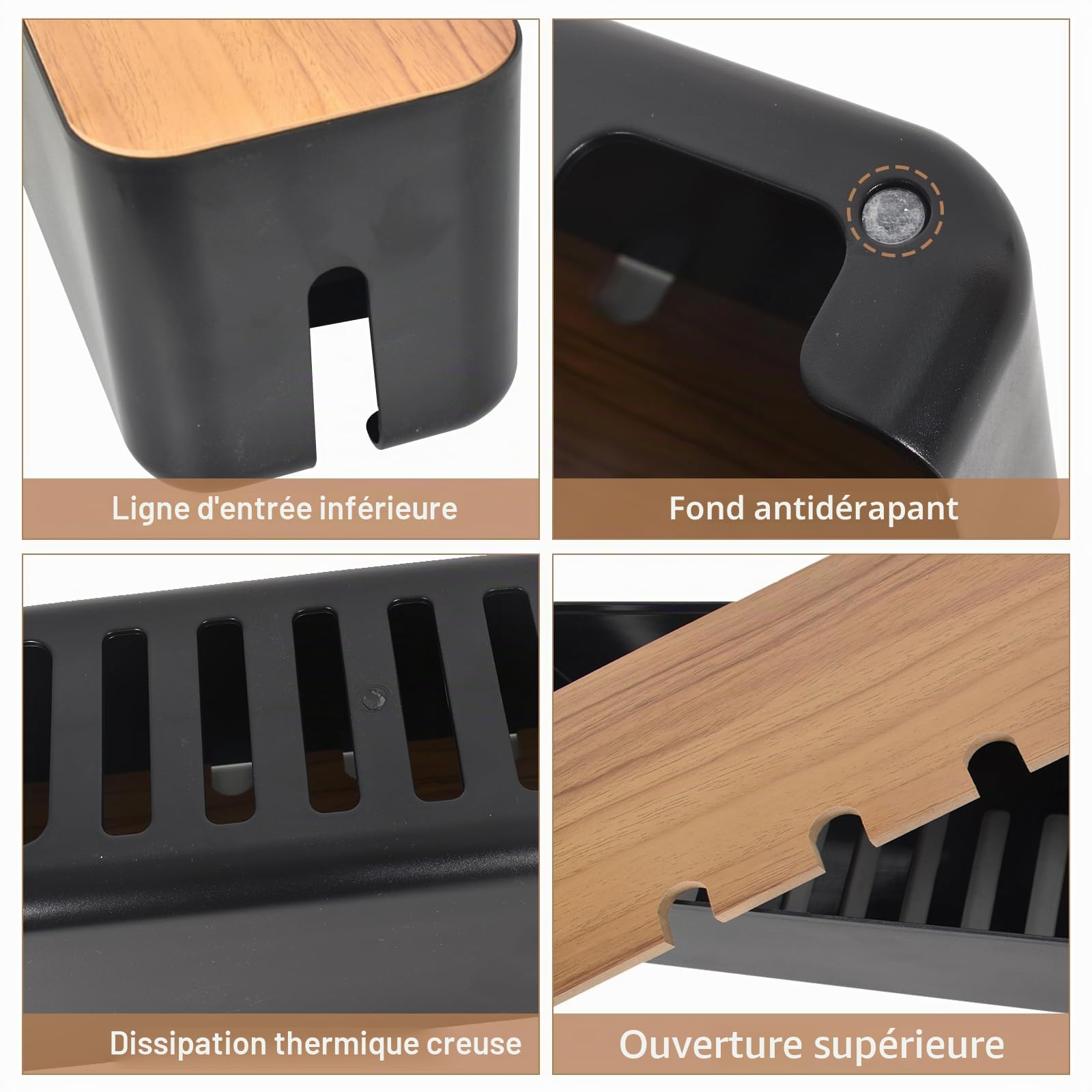 Grande boîte de rangement de câbles noire avec couvercle en bois pour cacher les câbles, multiprises pour téléviseurs, bureaux, maison, bureau