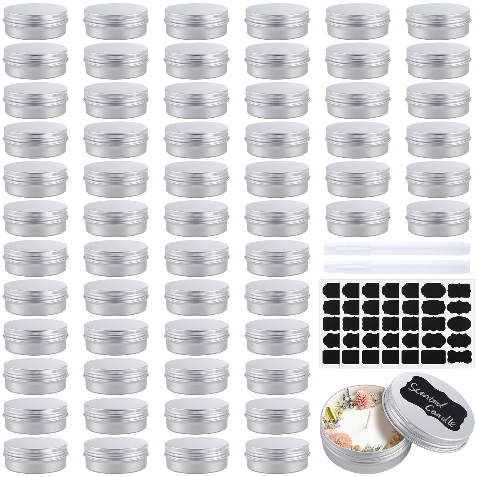 60PCS Metal Round Tins, 2 oz Aluminum Tin Cans Containers with Screw Lid for Lotion Bars, Balms, Salve, Spices or Beard Balm, DIY Candle Making Jar