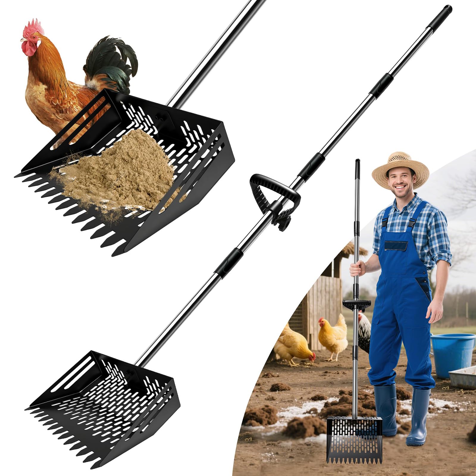 2-in-1 Hühnerkot-Schaufel - Sand-Sieb-Schaufel & Rechen, 74 Zoll Griff | 5mm Lochabstand, Edelstahlpfosten, Geflügelstreuer für Bauernhofhof & Ställe