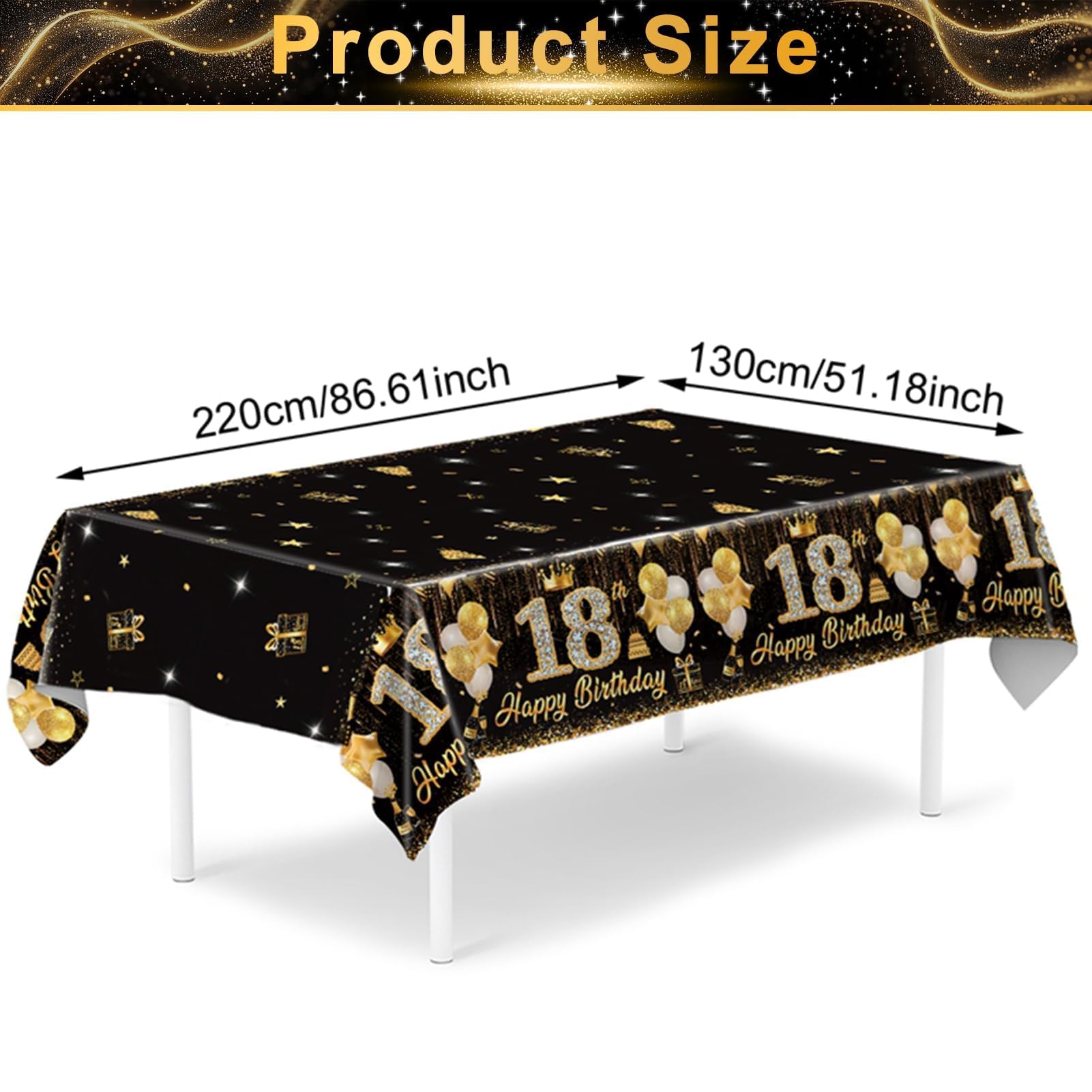 Tovaglia di Compleanno Oro Nero, 200x130cm, Tovaglia Happy 18th Birthday, Auguri di Compleanno 18. Tovaglia, Decorazione 18. Compleanno, Decorazione da Tavolo per Festa di Compleanno per Ragazze e
