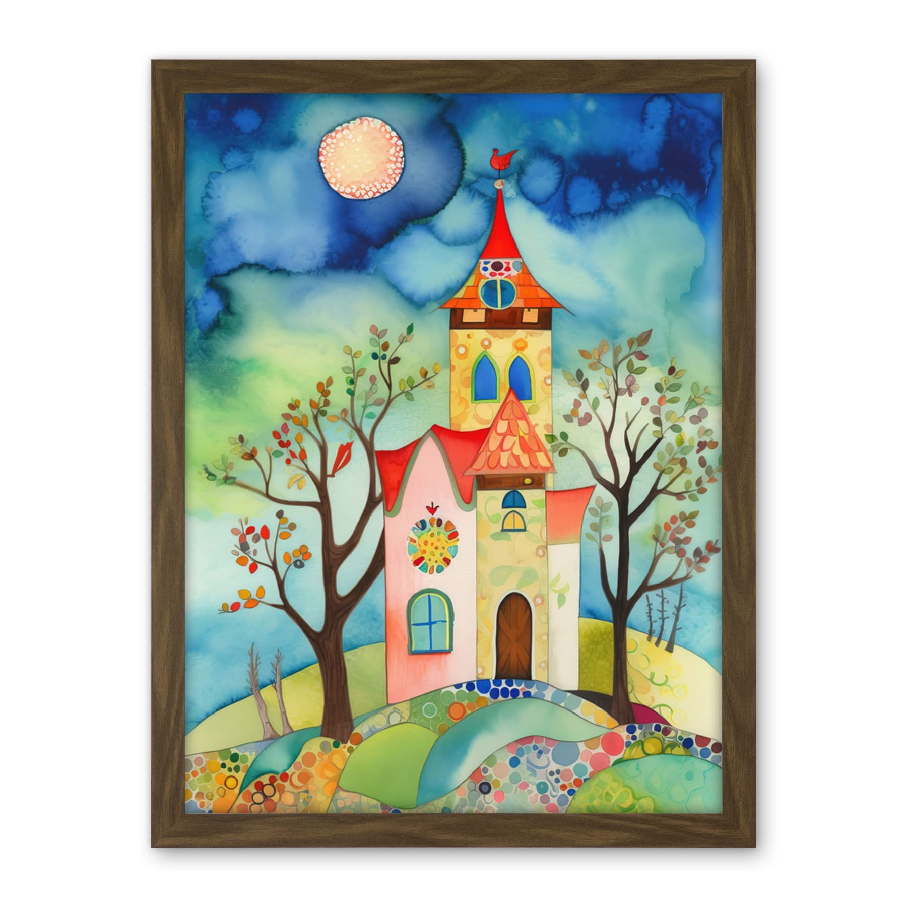 Artery8 Countryside Chapel Folk Art Watercolour Painting Artwork Framed Wall Art Print 18X24 Inch