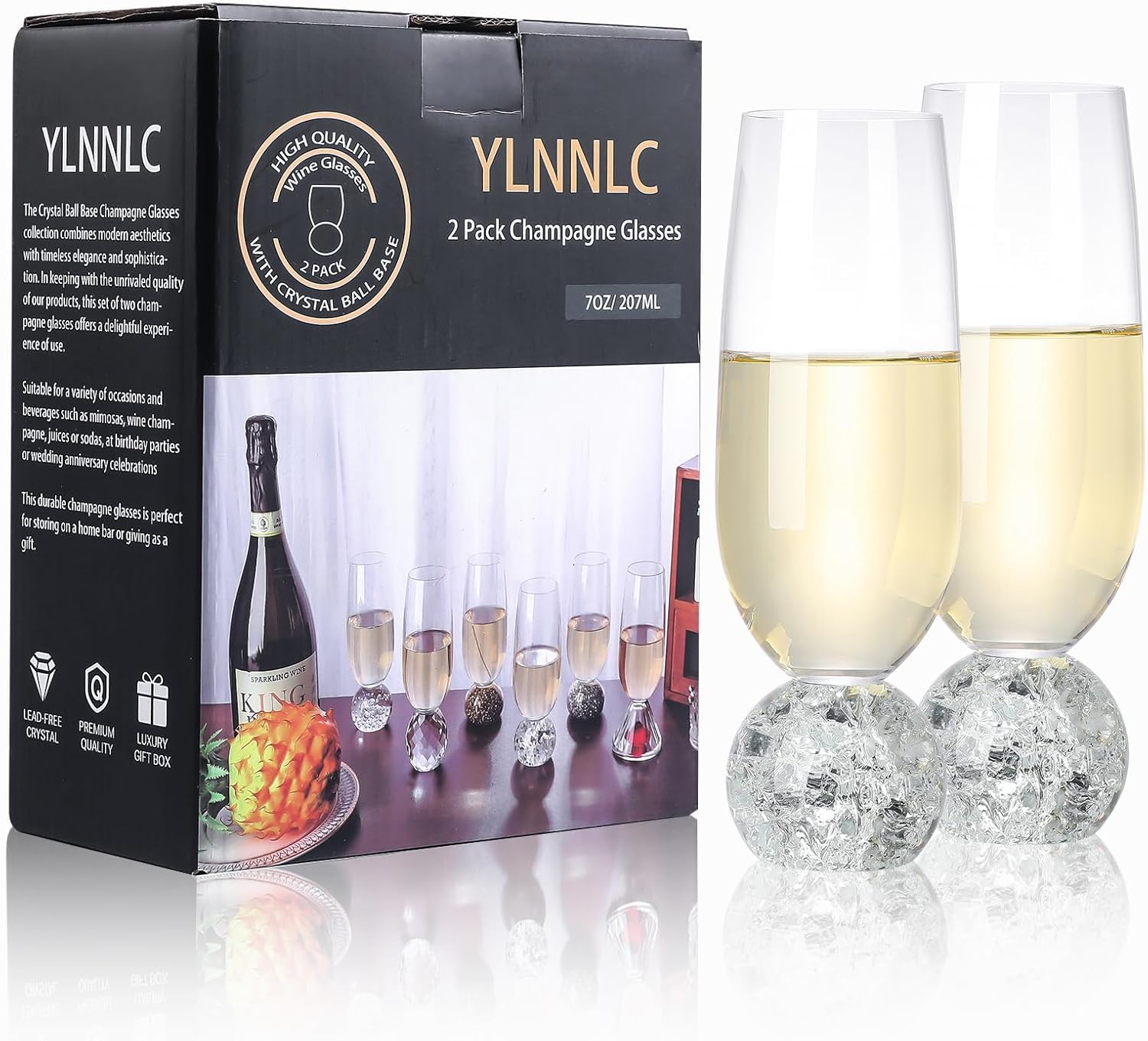 Lead-Free Crystal Champagne Glasses Set of 2, 7oz Stemless Champagne Flutes Glass with Bubbles Ball Base, Reusable Mimosa Glasses, Wine Glassware Gift for Birthday, Wedding, Party 
