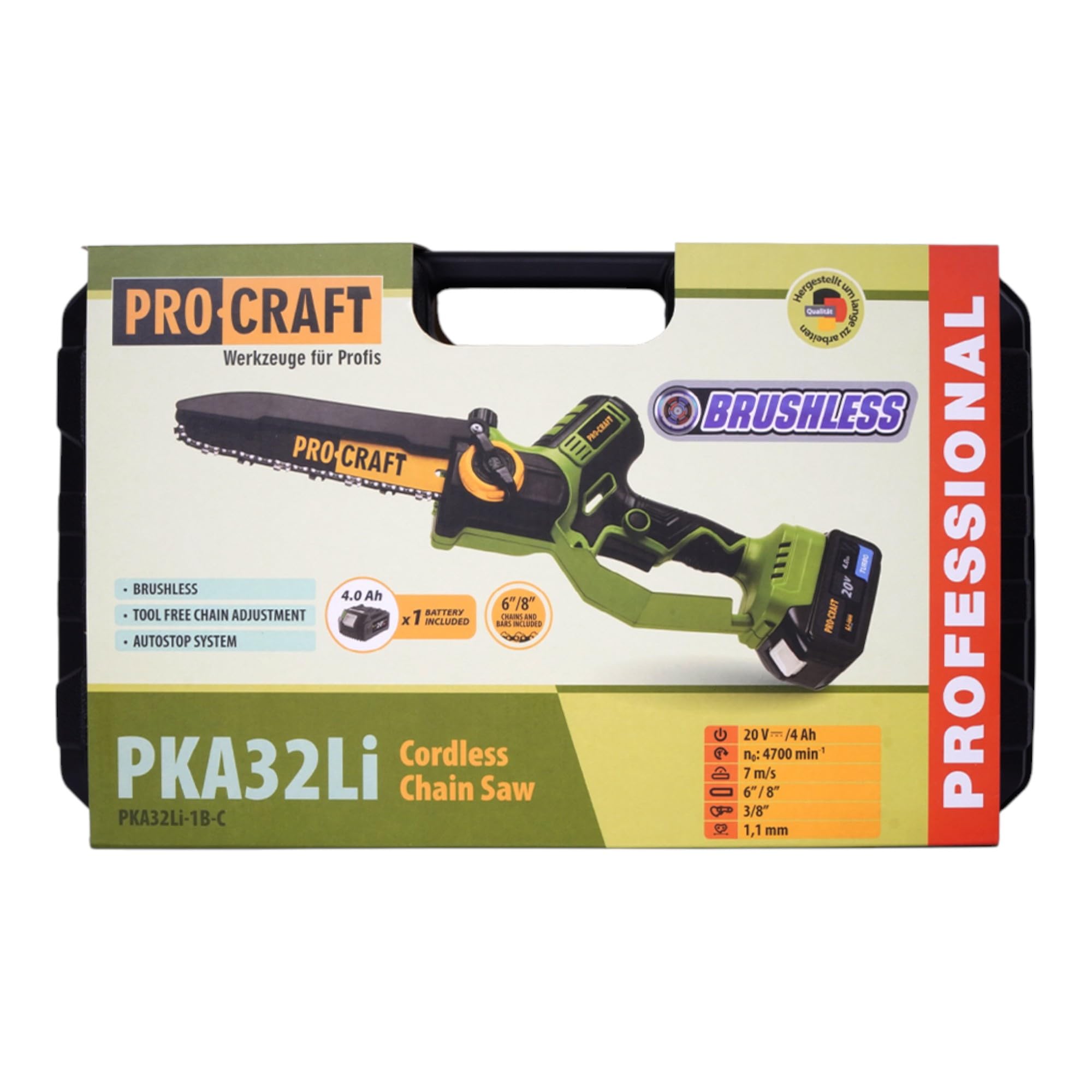 Procraft PKA32Li akumulatorowa piła łańcuchowa 20 V 203 mm bezszczotkowa + 1 x akumulator 4,0 Ah + ładowarka + walizka