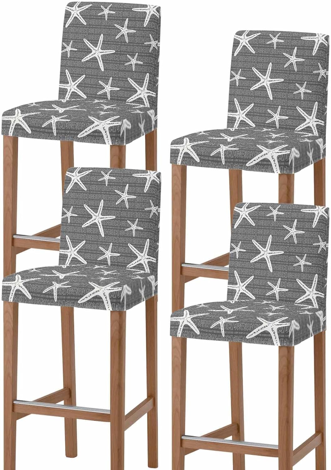 Bar Stool Covers Coastal Starfish Bar Chair Cover Set of 4 Stretch Elastic Chair Covers Grey Ocean Marine Life Counter Height Chair Slipcovers Protectors for Kitchen Dining Room Pub Cafe
