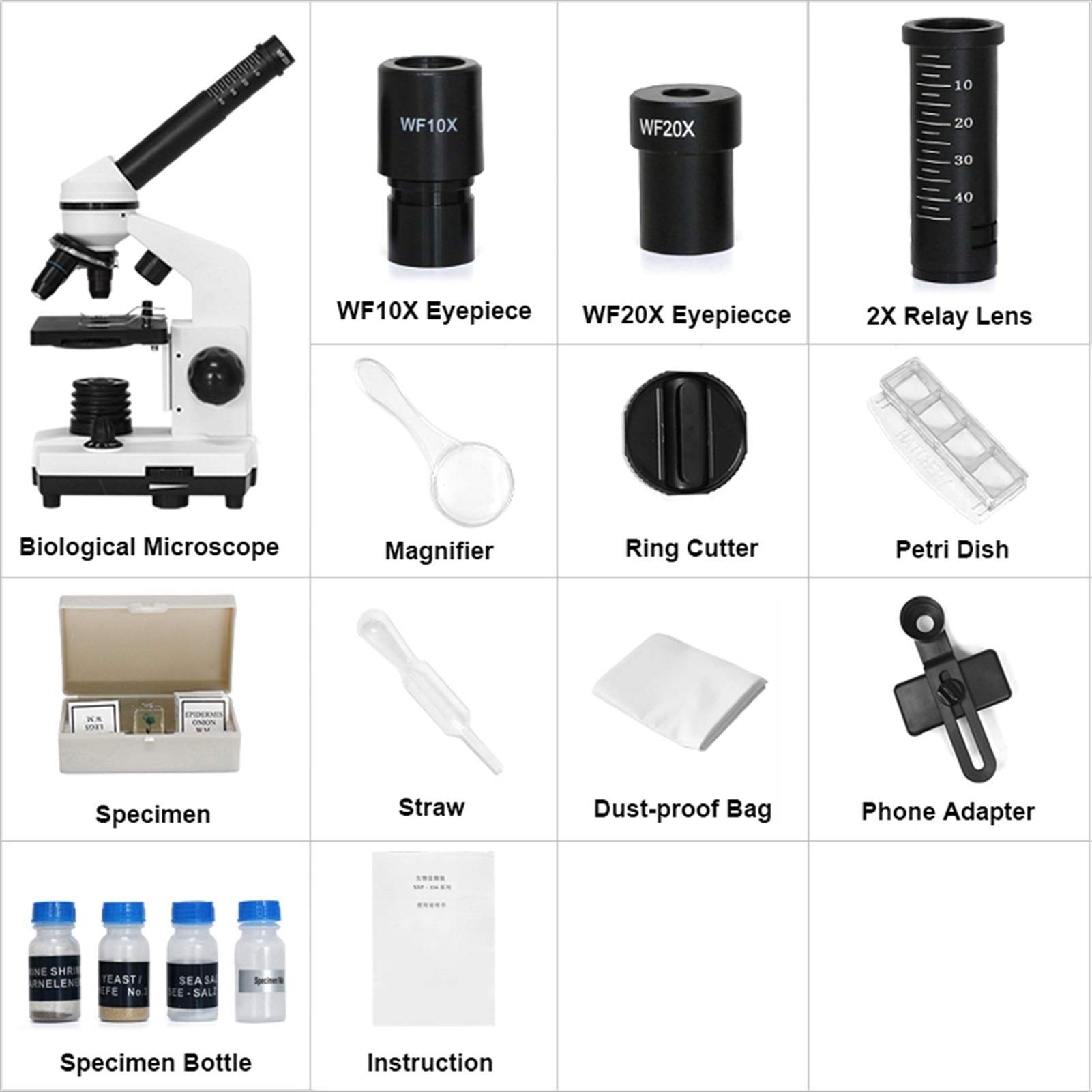 Microscopio, Microscopio biológico, 40x-1600x Compuesto LED monocular Estudiante Biológico Exploración Smartphone Adaptador