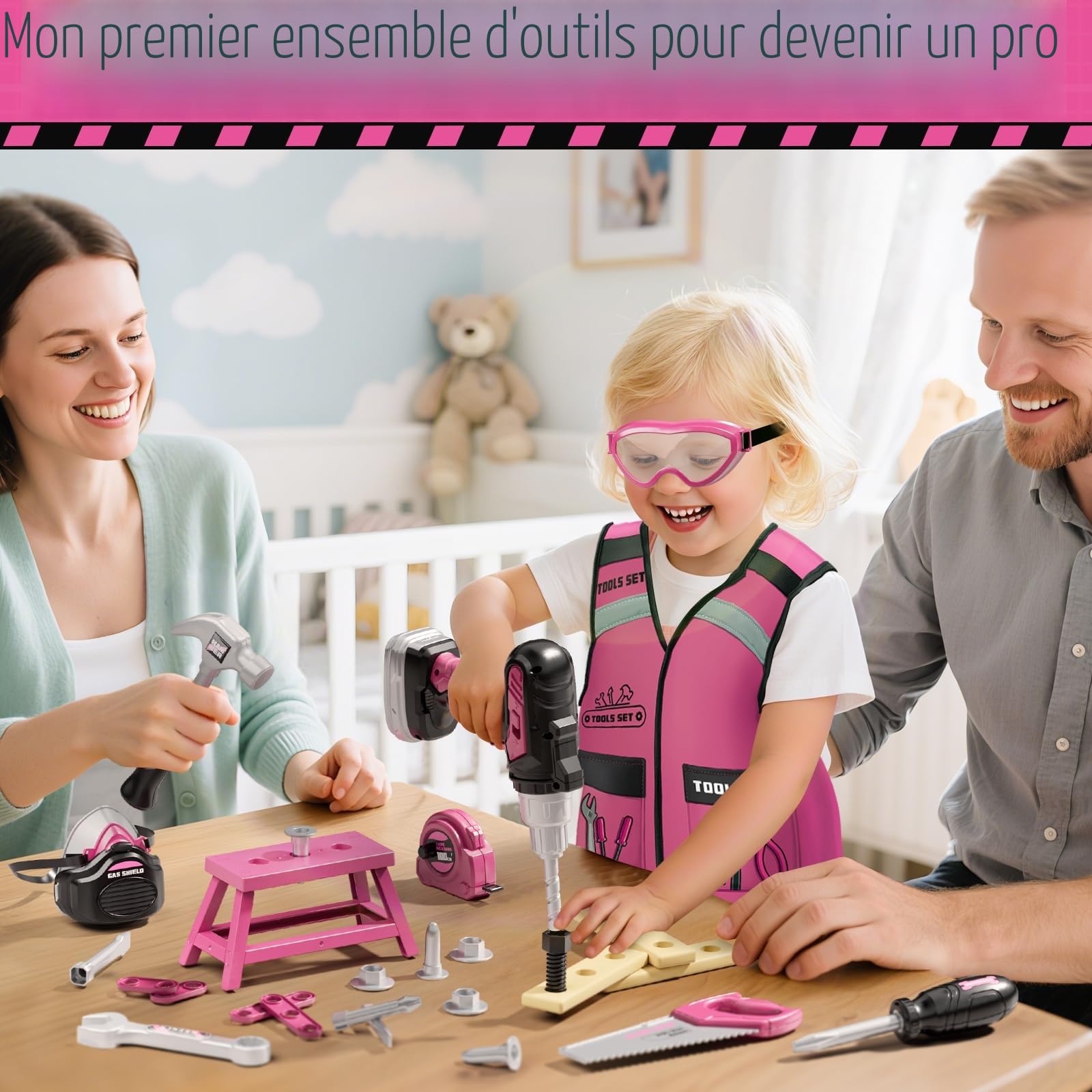 KidBloom Jouet Fille 3 Ans, Boite a Outils Enfant Rose avec Perceuse Électrique, Boîtes à Outils & Gilet, Jouet Enfant 3 4 5 Ans Fille