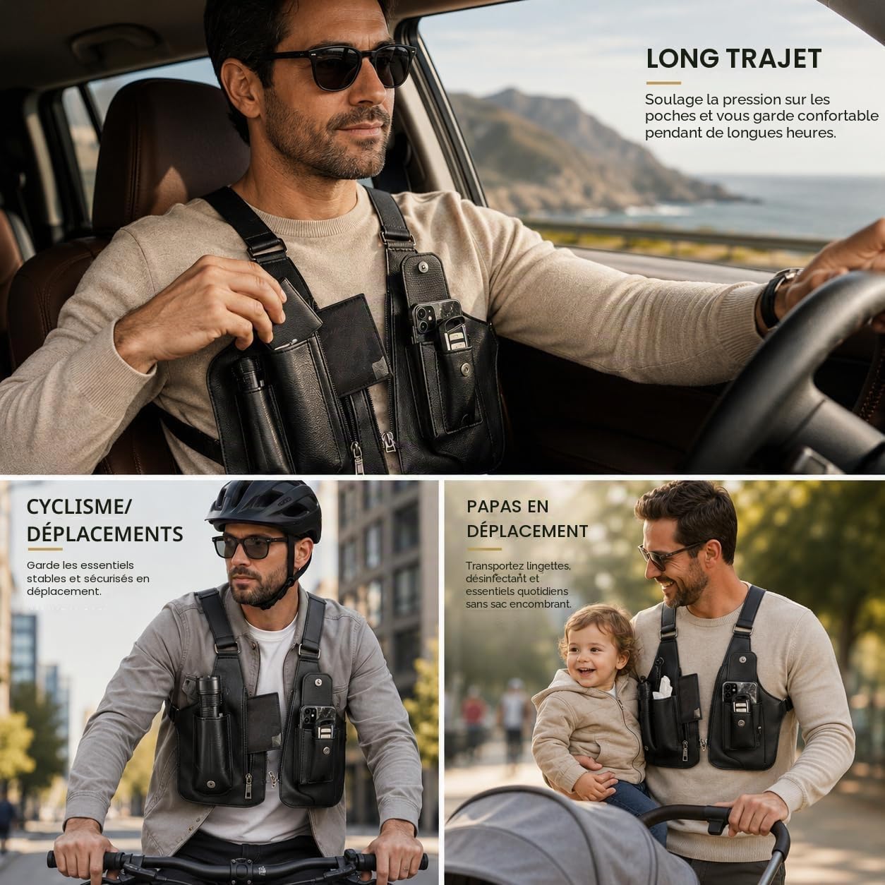 Sac à bandoulière double pour homme et femme en cuir de qualité supérieure réglable avec deux poches