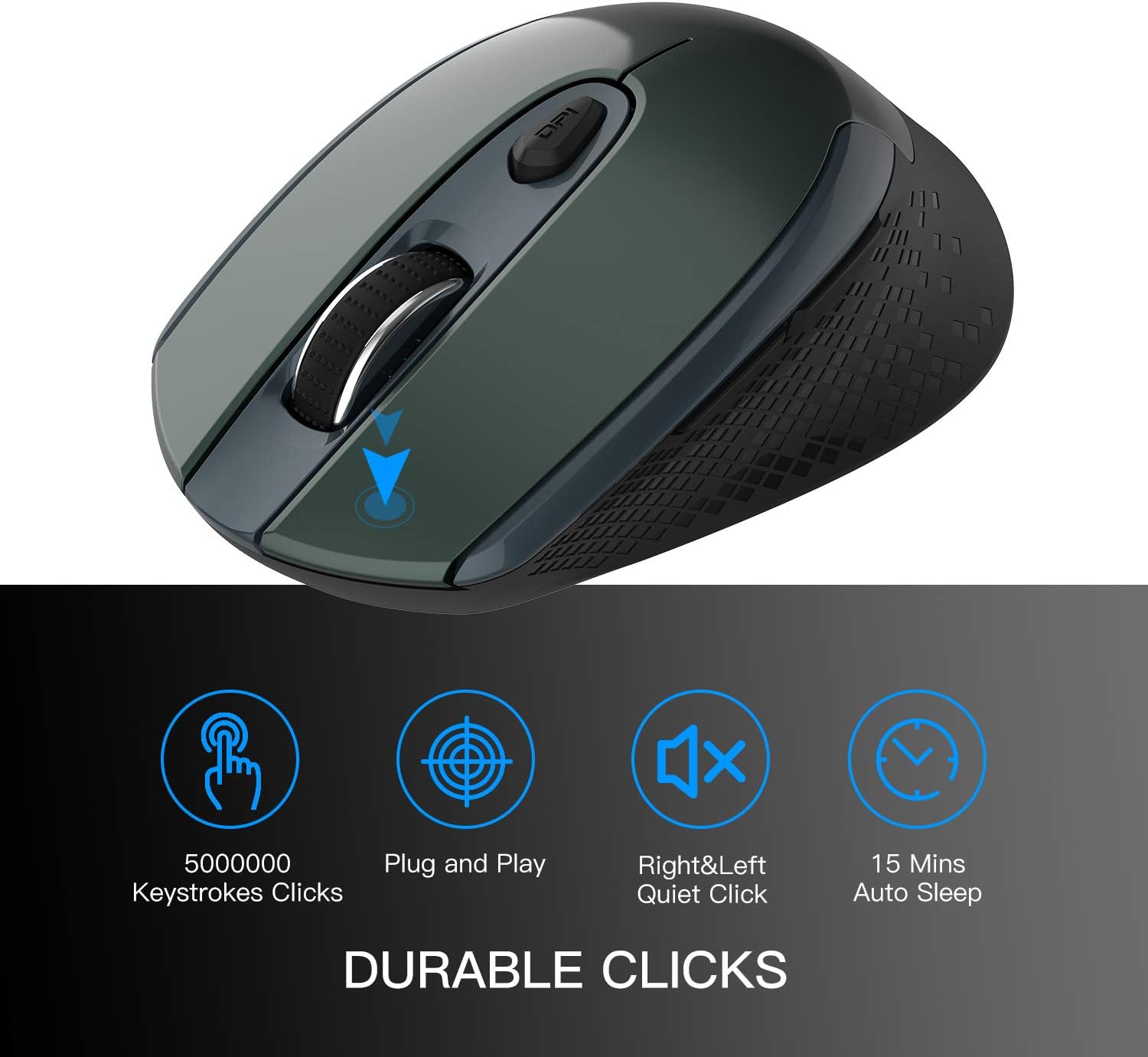 Icons representing durable clicks, plug and play, quiet click, and 15 minutes auto sleep