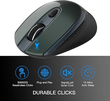 Cimetech Wireless Ergonomic Mouse, 2.4G Computer Optical, 6 Buttons, Silent With USB Receiver, 3 Adjustable DPI for Laptop, Desktop, Mac, PC - Dark Green
