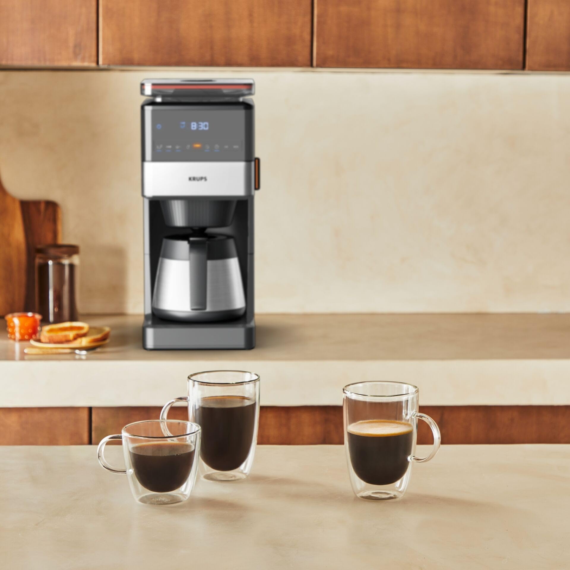 Krups Grind Aroma XL Przelewowy ekspres do kawy, zdejmowany mechanizm mielący stożkowy, cyfrowy panel sterowania, pojemność XL (1,25 l), dzbanek termiczny ze stali nierdzewnej, czarny/stal nierdzewna,