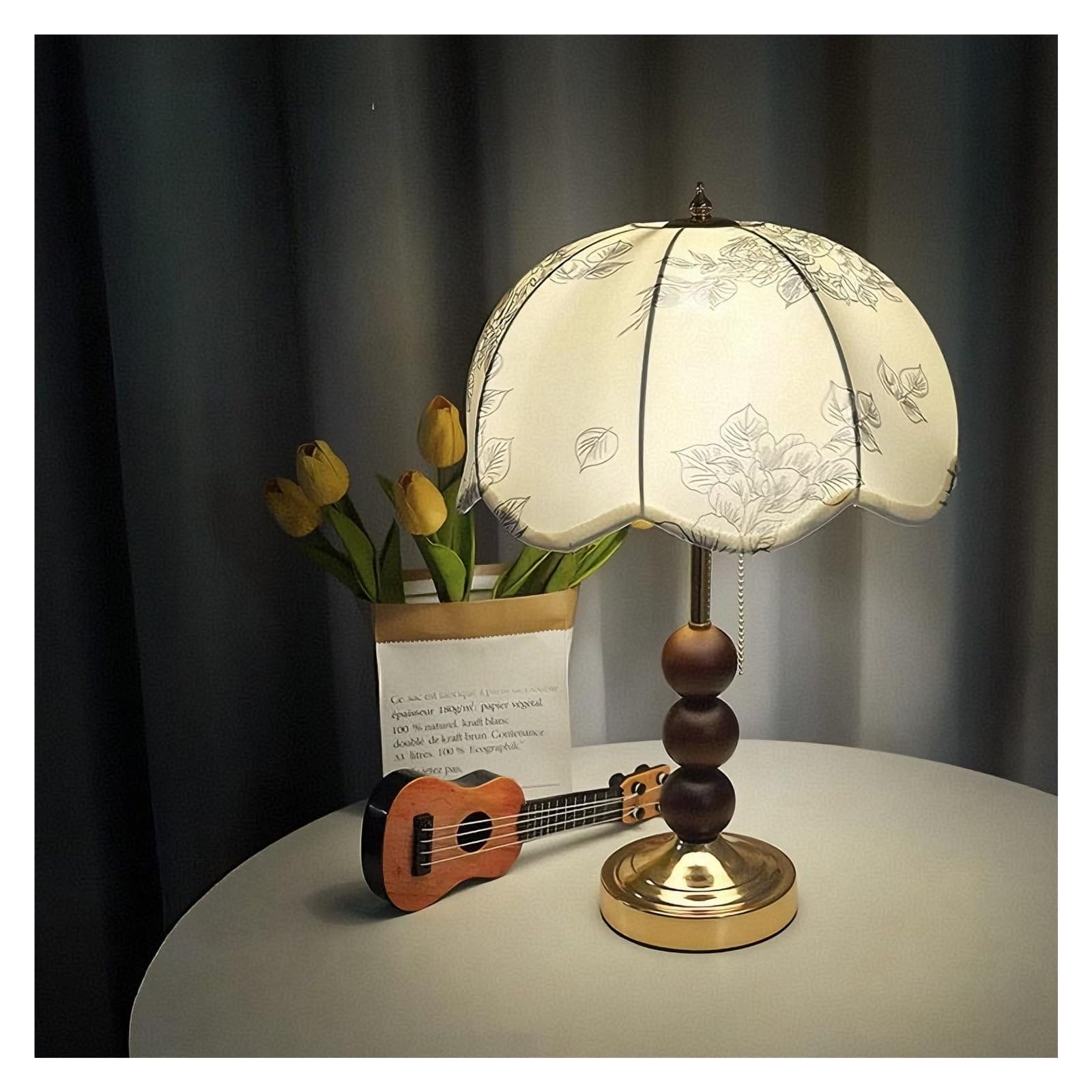 Biurko z tkaniny w stylu vintage z drewnianymi koralikami w kwiatowym odcieniu - lampka nocna, stołowa do biura Lampka do czytania do pielęgnacji oczu do sypialni, oświetlenie akcentujące