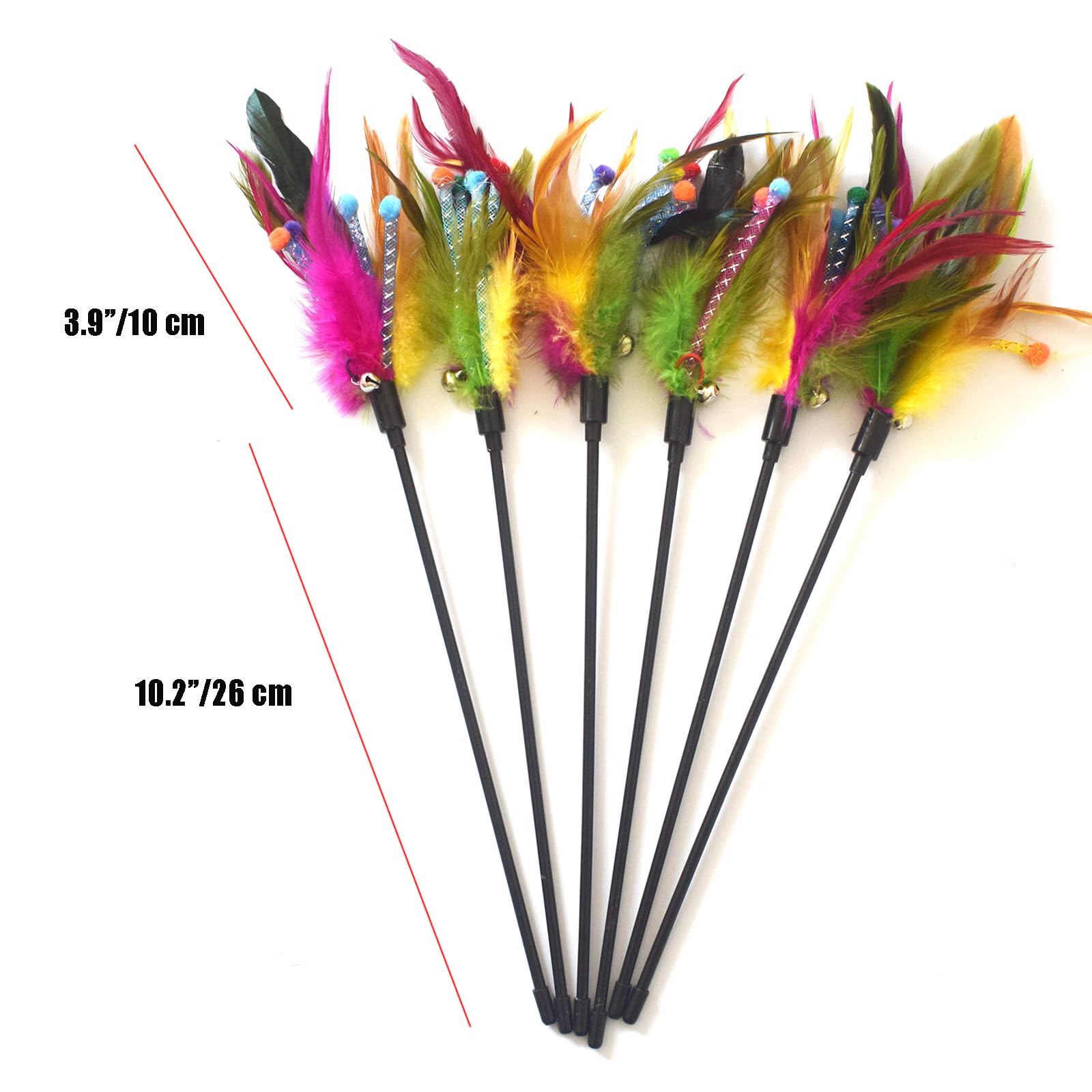 Cat Wands, 6 PCS Natural Feather Stick Interactive Kitten Toys with Bell Safe Cat Teaser Wand for Indoor, All Breed Sizes