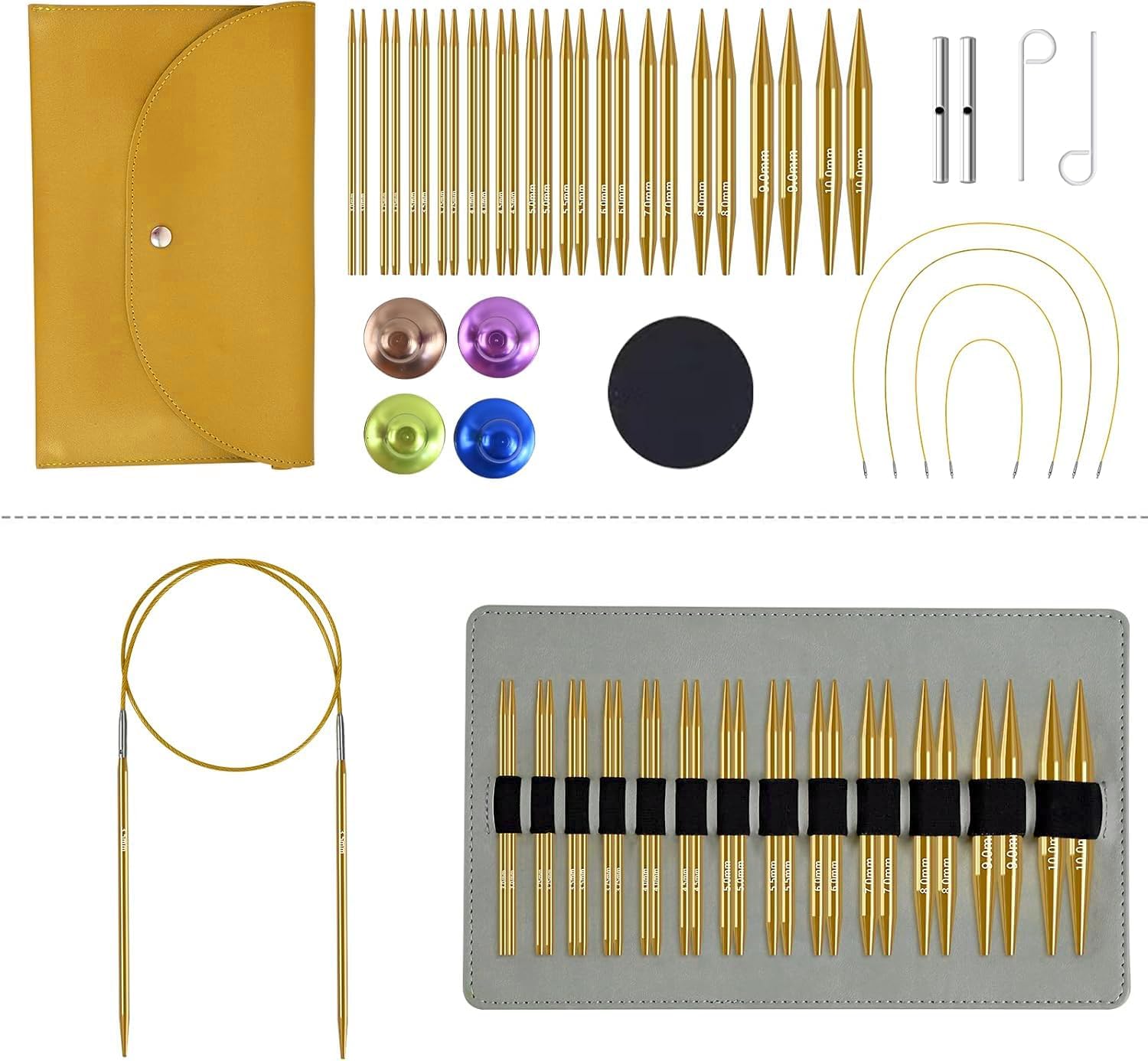 Interchangeable Needles - 13 Pairs (3 mm - 10 mm), Ergonomic Design for Beginners and Experts, Includes 4 Cables of Different Lengths and Leather Pouch (Yellow)