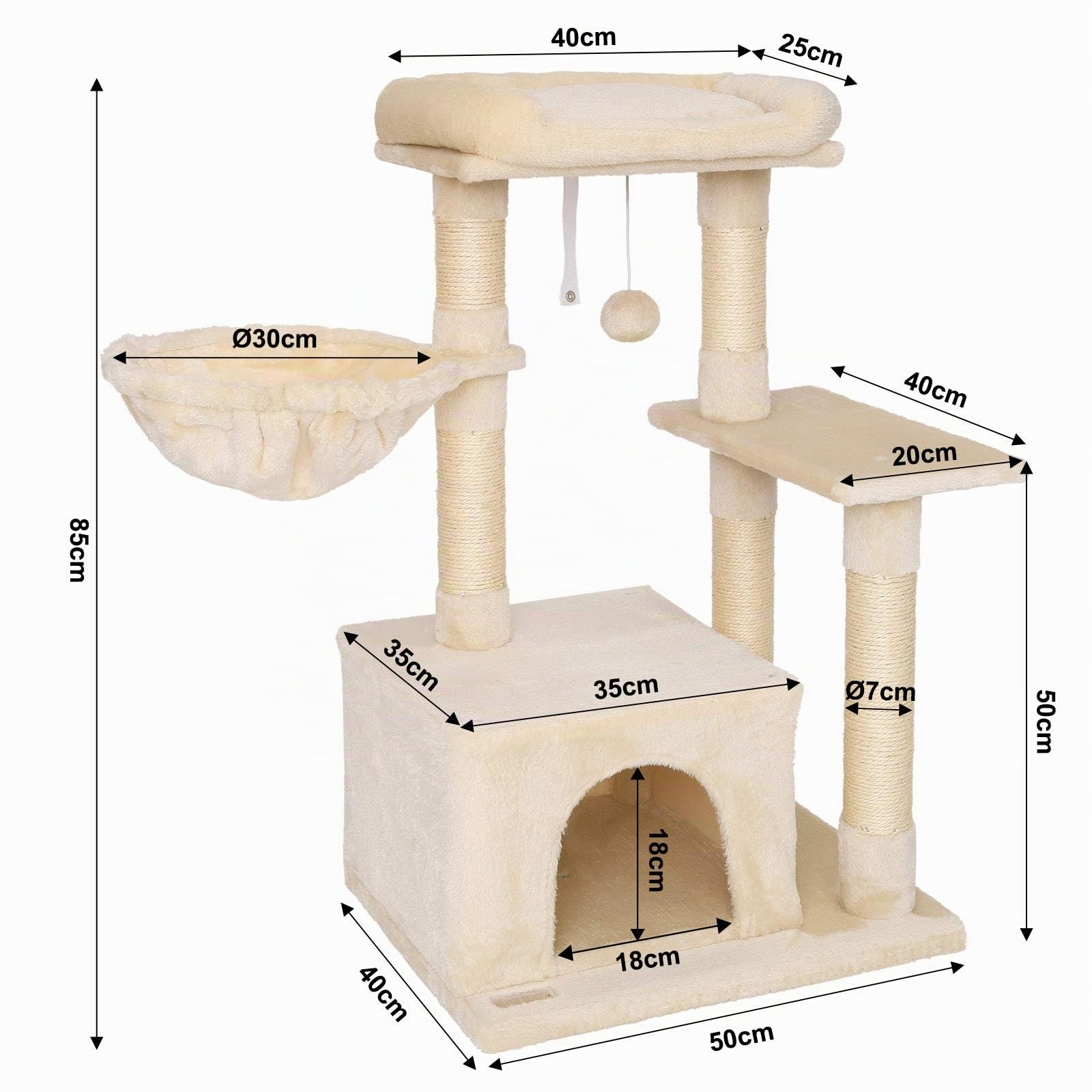 lionto Tiragraffi con Amaca, Grotta e Sisal, Altezza 85 cm, Beige | Tiragraffi piccolo con amaca, pallina in peluche, grotta e piattaforma per arrampicata, gioco e cura quotidiana unghie