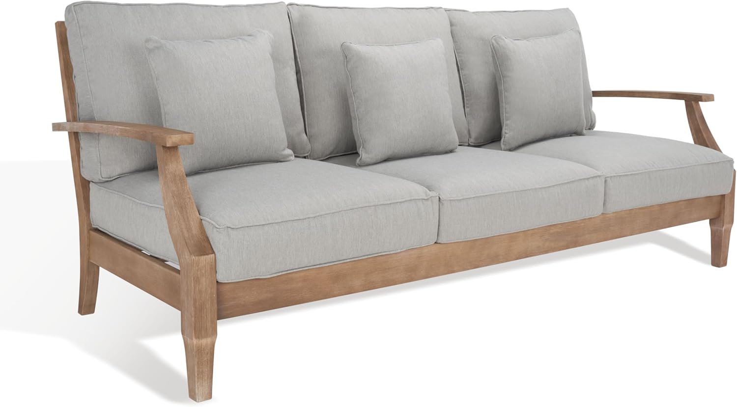 SAFAVIEH Outdoor Couture Collection Martinique Natural/Grey Solid Wood Patio Sofa with Pillows
