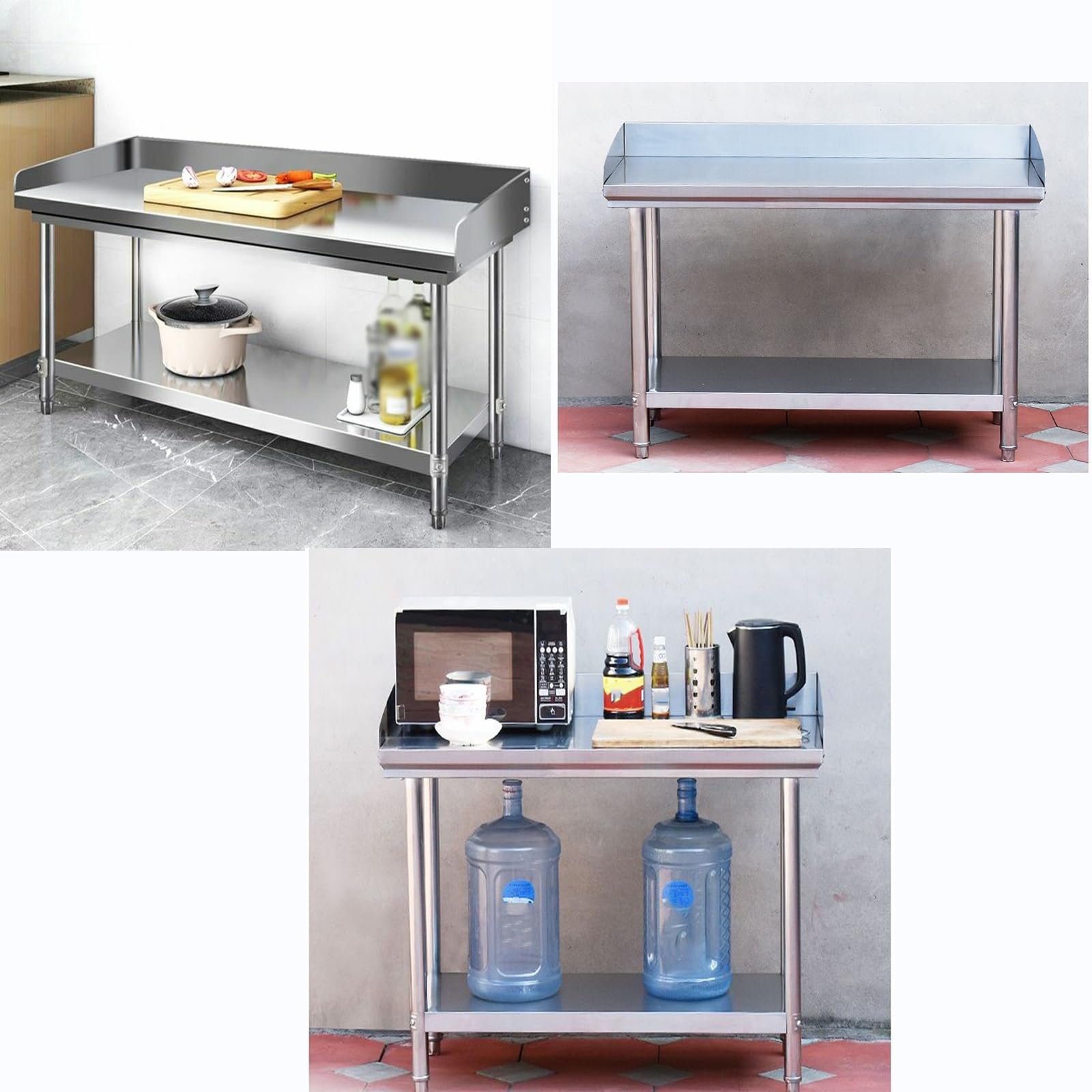 Banco de Trabajo de Acero Inoxidable de Doble Capa con Tres Paneles Laterales Mesa de Preparación de Cocina con Estantes Fijos de Estructura Triangular
