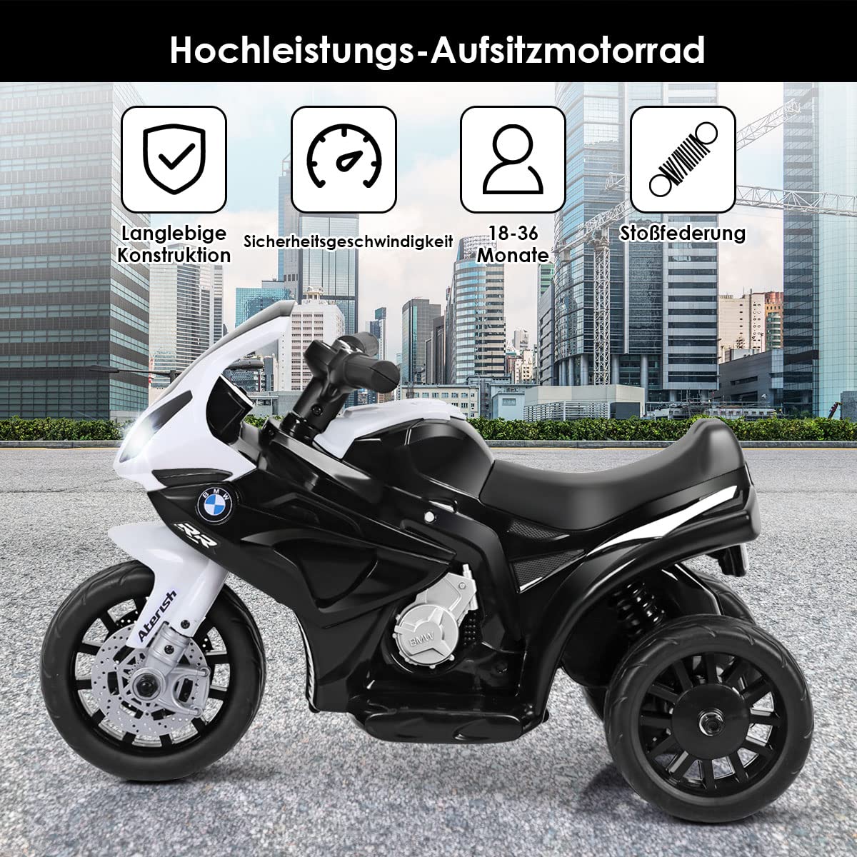 GOPLUS BMW Moto Electrica para Niños de 18-36 Meses con Batería 6V, Motocicleta Eléctrica con Luces y Música, Ruedas de Apoyo, Velocidad 3KM/H, Vehículos Eléctricos de Carga Máxima 20KG (Negro)
