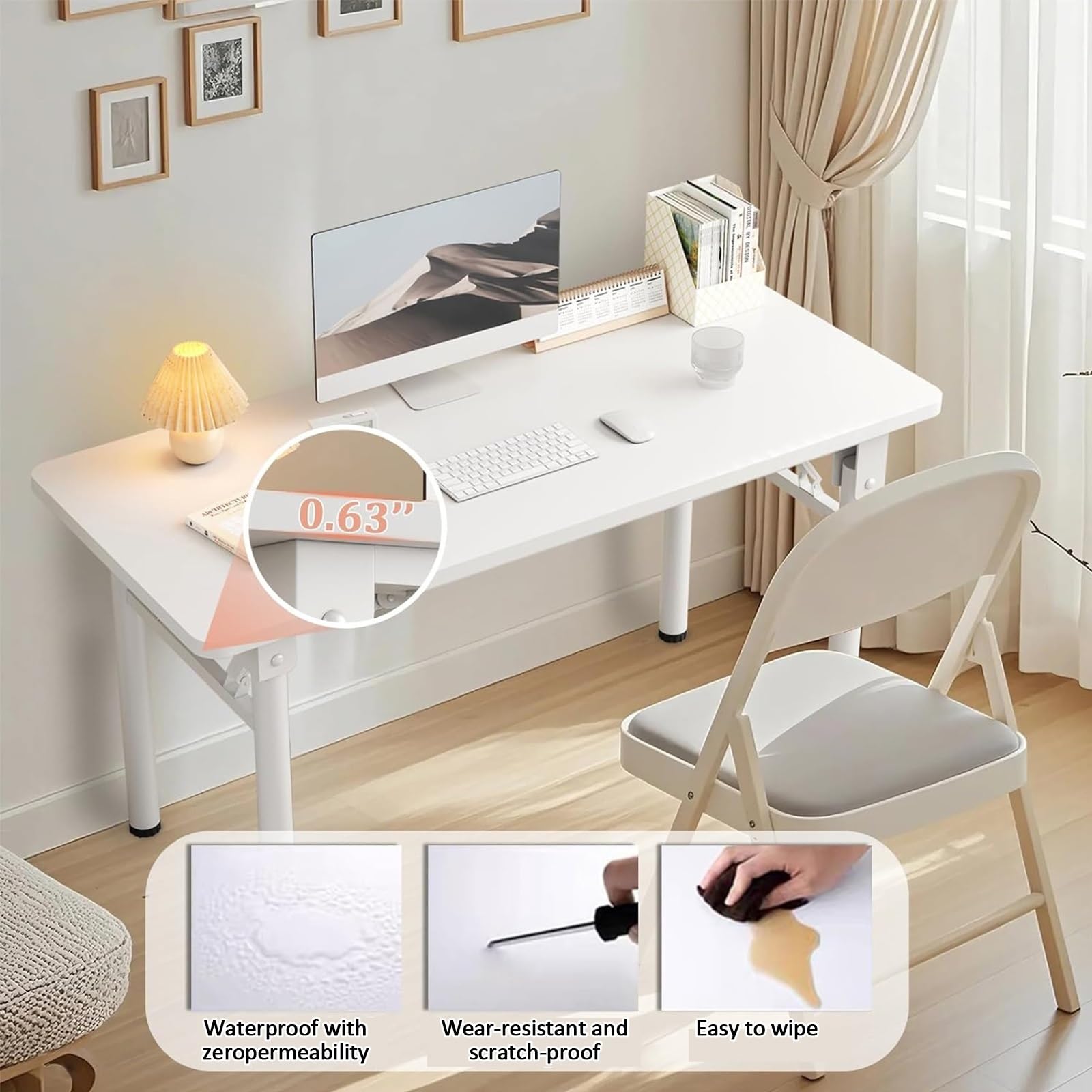 Tavoli Pieghevoli Per Sale Conferenze, Scrivania Mobile, Tavoli da Lavoro con Struttura in Metallo, Study Table con Doppio Ripiano per Piccoli Spazi, Senza Montaggio Richiesto(Beige,120x40x75cm/47x16x