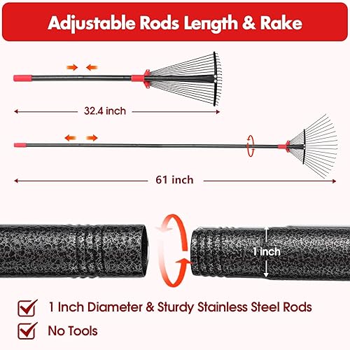 Miniatura 6 de Rastrillo de 61 pulgadas para hojas con 18 dientes de metal de 10 a 18 pulgadas, rastrillo de cabeza expandible con mango ajustable para césped,