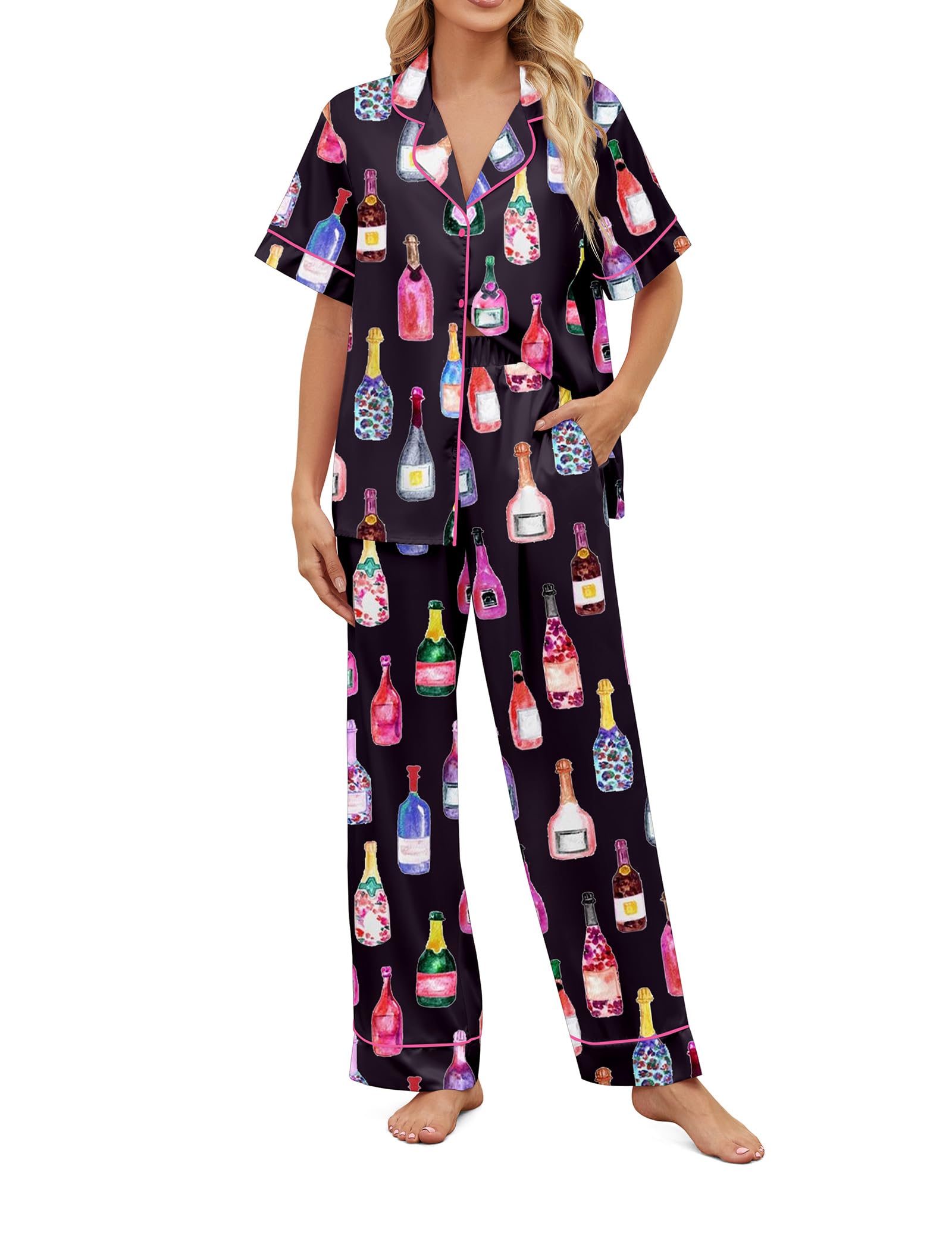 SHESHOW Cute Womens Pajamas Set Silky Satin Short Sleeve Long Pants 2 Piece Pjs New York Pajamas for Women Set XS