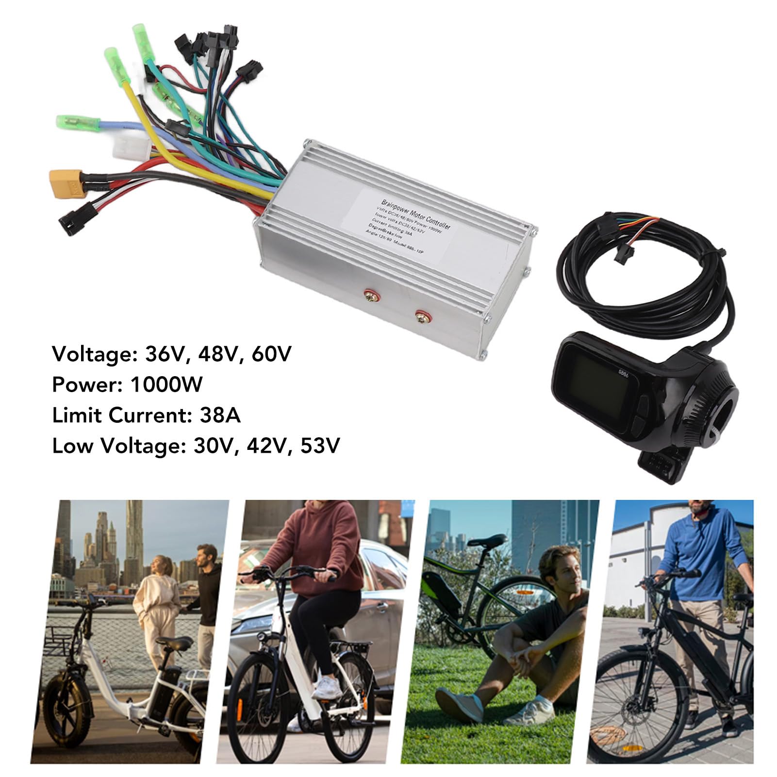 BuyWeek Zestaw bezszczotkowy sterownik silnika do roweru elektrycznego, 36 V, 48 V, 60 V, 1000 W, 38 A, fale sinusoidalne, bezszczotkowy kontroler 886, gaz kciukowy z wyświetlaczem LCD, do skuterów