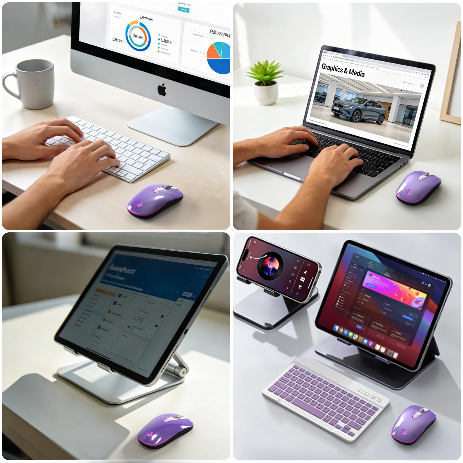 Wireless Mouse, 2.4G & Bluetooth Mouse for Laptop Slim Silent Mice with USB Receiver, 7 Color Backlit LED, 1000/1200/1400/1600 DPI Optical Computer Mice, Compatible with PC, Mac, Laptop, Purple - 5