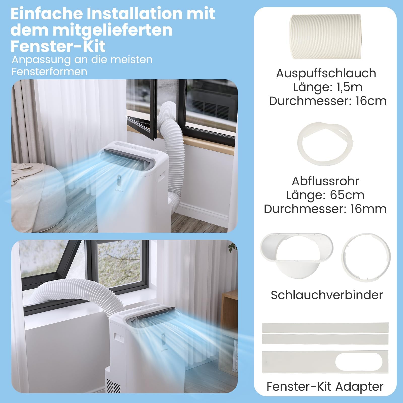 COSTWAY 14000BTU Klimagerät mit Abluftschlauch 4100W | Klimaanlage 5 in 1 Kühlen, Heizen, Entfeuchten, Schlafmodus für Räume bis zu 135 m³, Fernbedienung/App, 24H Timer