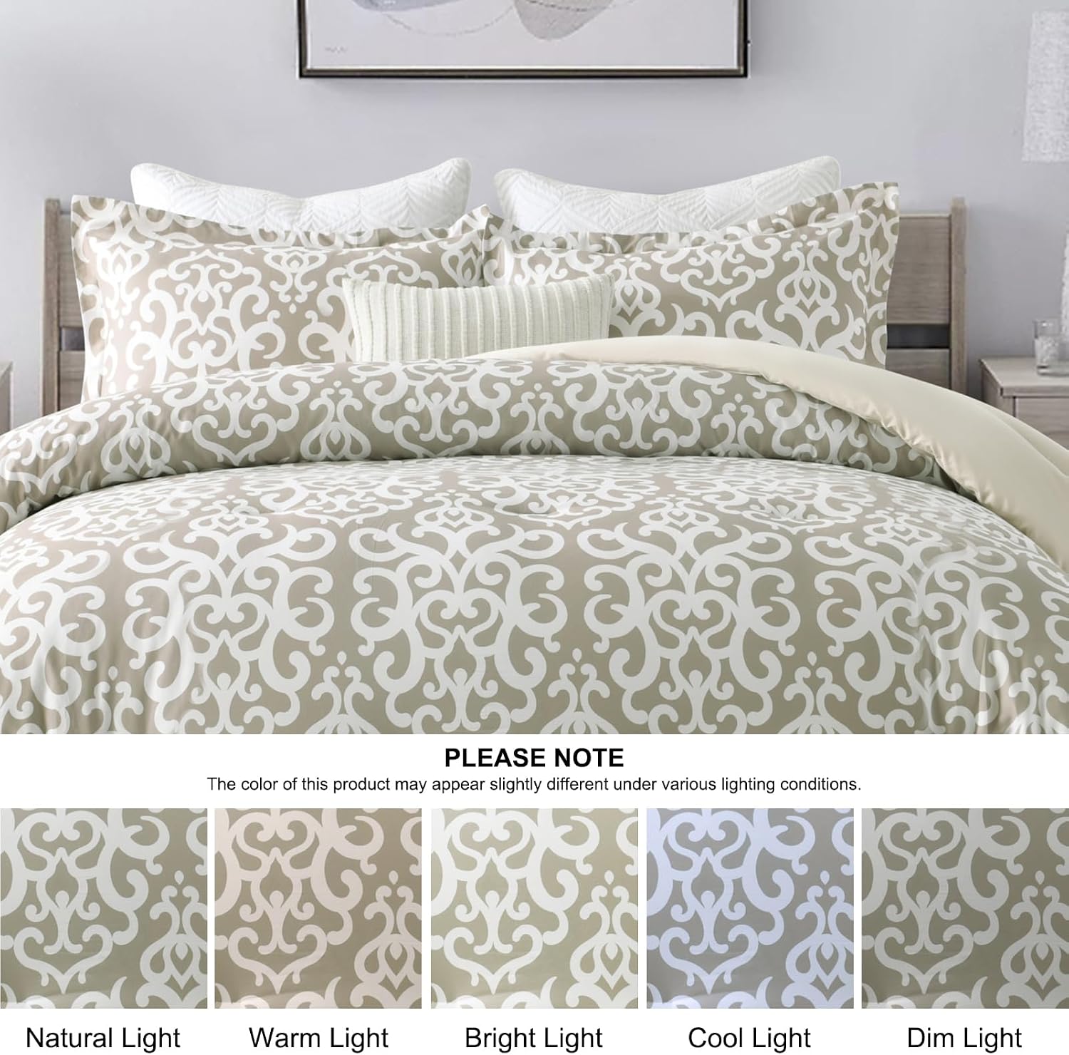 Finlonte King Size Cotton Reversible Comforter Set Vintage Damask Luxury Modern Quilted Comforter Fluffy Cloud Soft Bedding Set in Greige, Down Alternative Bedding
