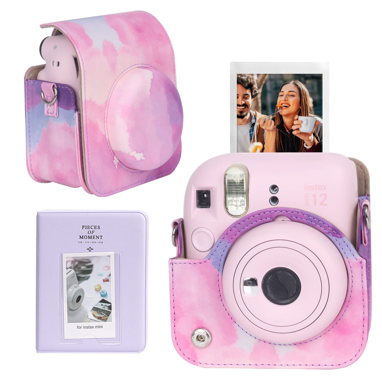 MAKINGTEC Case for Fujifilm Instax Mini 12 Camera Protective PU Leather Bag Cover with Adjustable Shoulder Strap and Mini Photo Album 64 Pockets (Dreamy cloud)