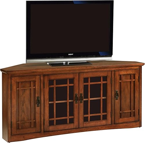 Leick Home 60 in Corner TV Stand, Solid Wood, Adjustable Shelves, Easy Assembly, Mission Style, Blackened Hardware, Medium Oak, 56 in W x 20 in D x