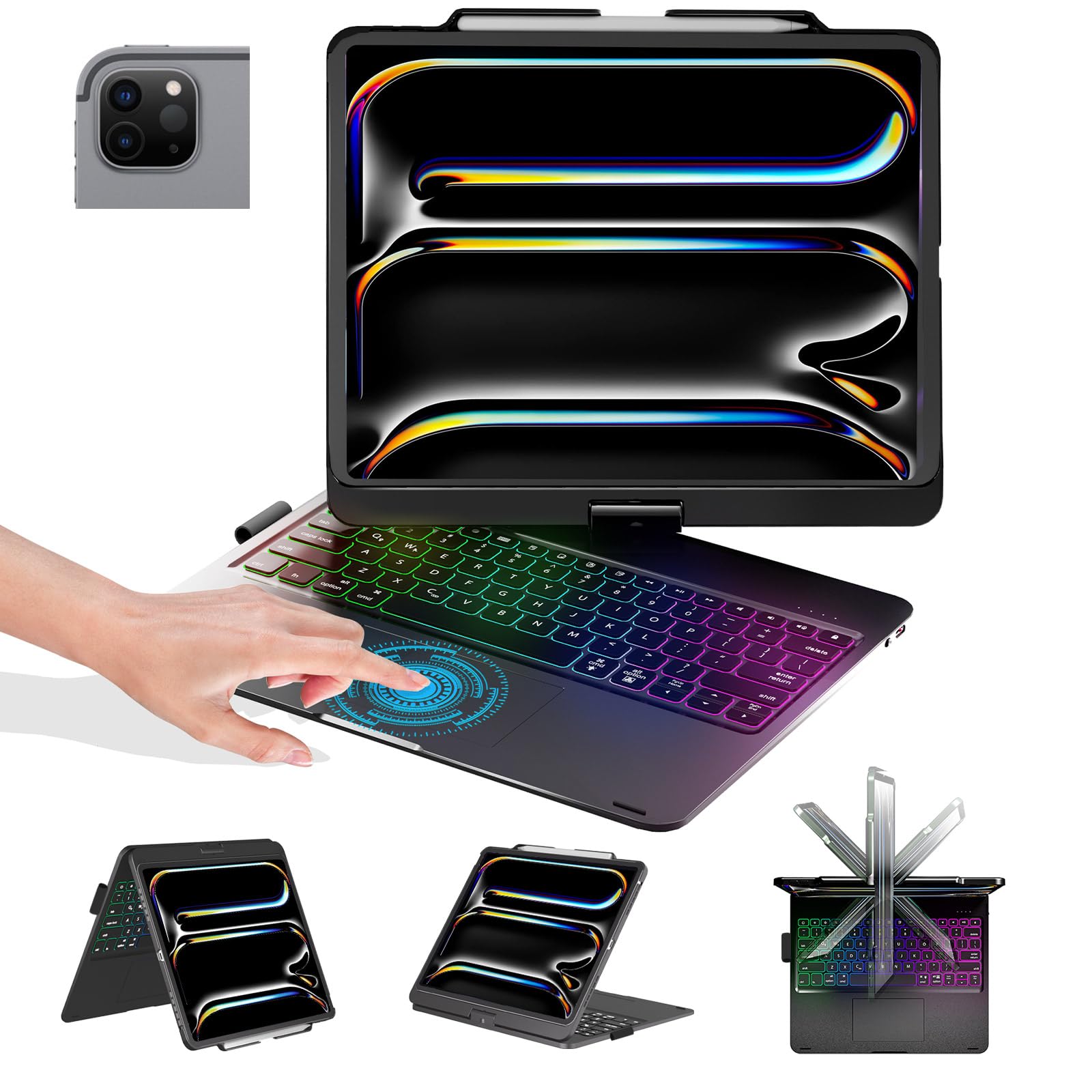 BABG Keyboard Case for iPad Air 13 inch&iPad Pro 13 inch&iPad 12.9 inch 6th/5th /4th/3rd Gen,Mulit-Toupad,360° Rotatable,Backlits-Black
