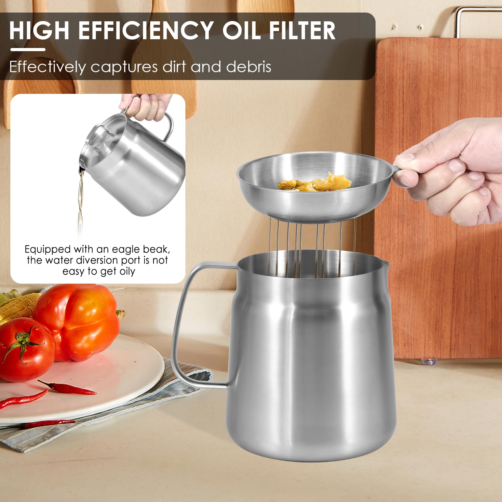 Vaso per filtro dell'olio in acciaio inox, 1,5 l/2 l, capacità, con filtro a rete fine e cestello per friggitrice, serbatoio per filtro dell'olio multifunzionale, contenitore per grasso per