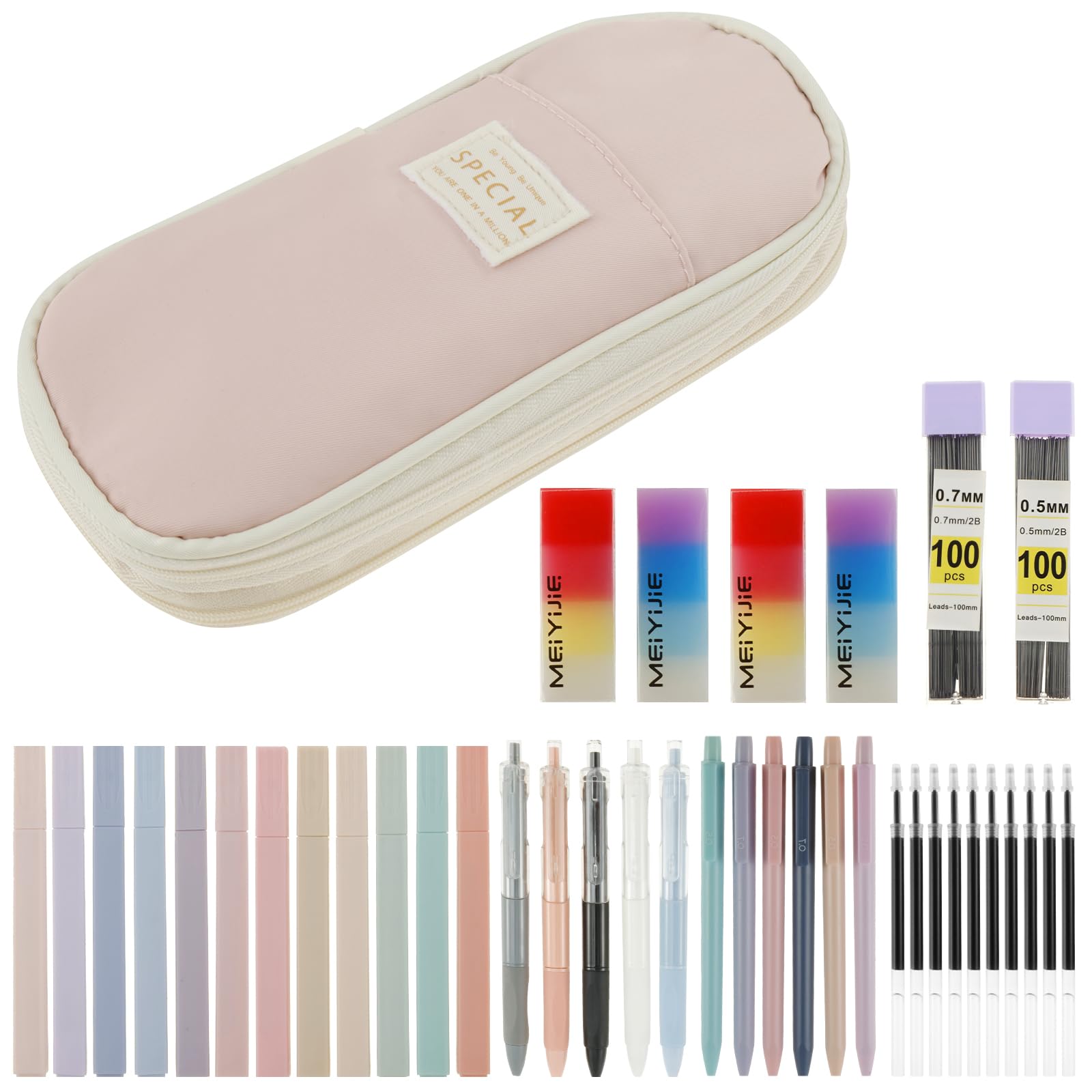 40Pcs Stationery Supplies Set, Multi-Purpose Pencil Case Includes Large Capacity Pen Pouch Bag, Mechanical Pencil, Lead Refill, Gel Ink Pen, Scissors, Ruler, Sharpener for School Supplies (Pink)