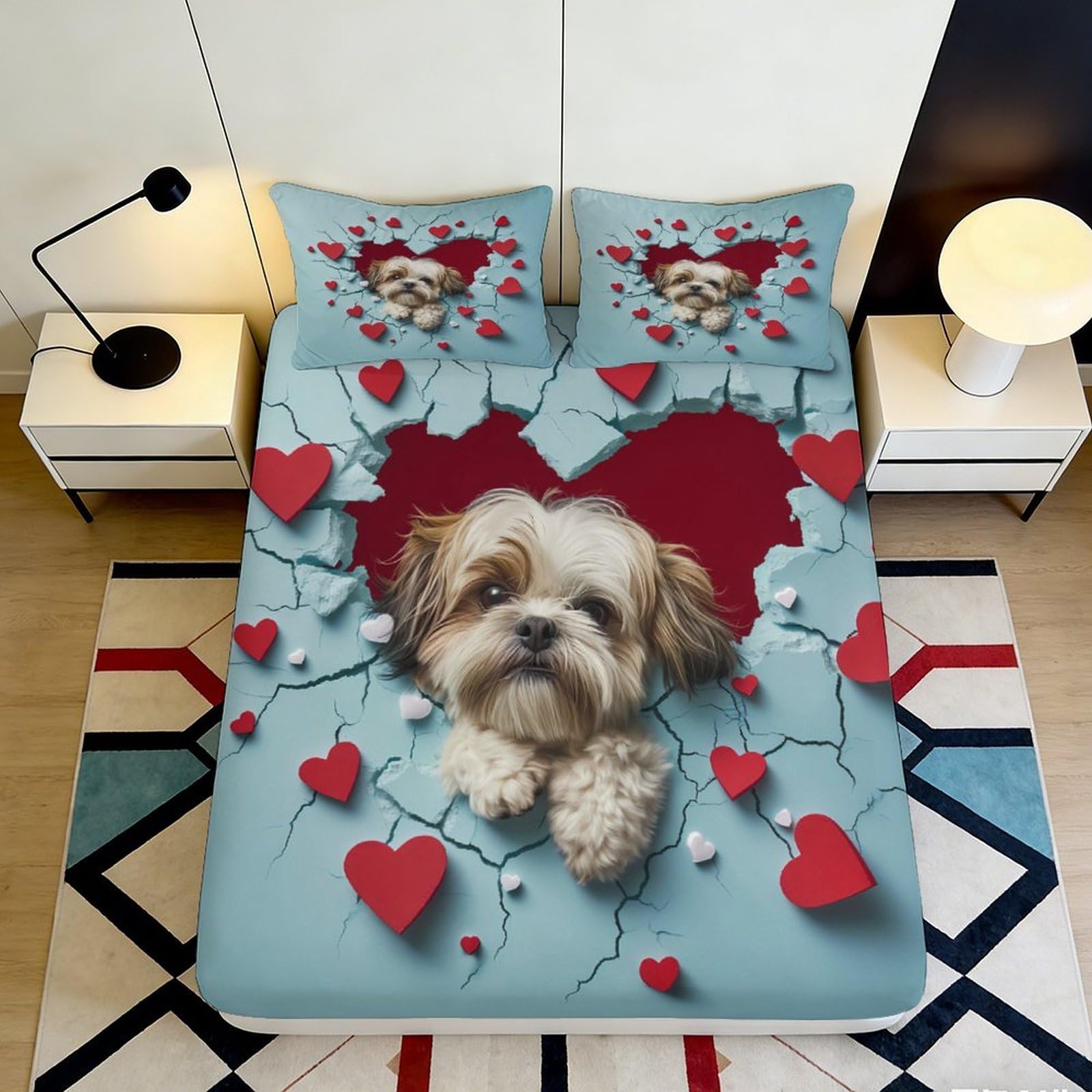 3D Printed Cute Dog Heart Fitted Sheet Microfiber Red Love Bed Cover Anti-Slip Machine Washable for Bedroom Dorm 90x200x25cm