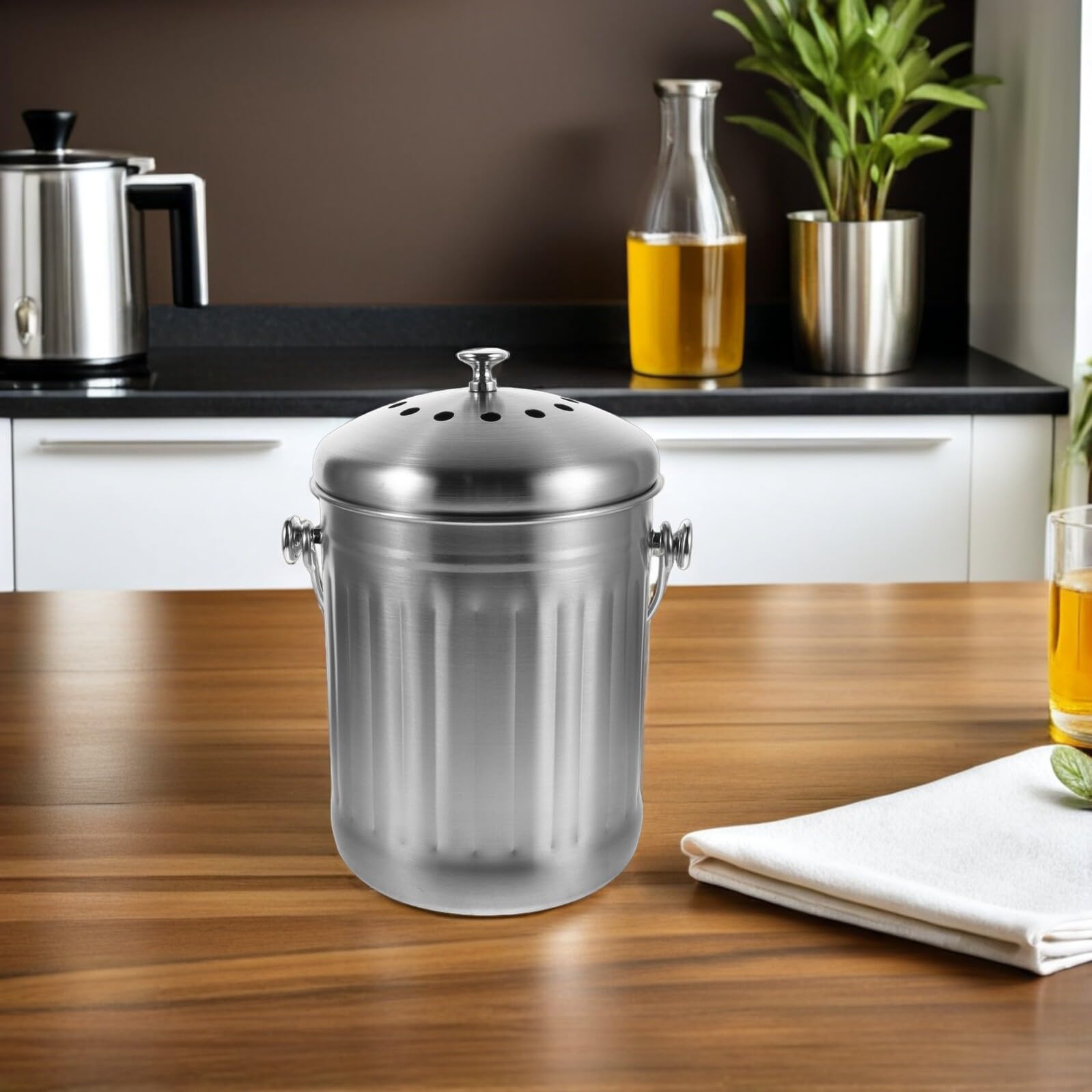 5 Liter Edelstahl Komposteimer Küche mit Deckel und Aktivkohlefilter Geruchsneutraler Biomüllbehälter für Innenräume Kompakter Küchenabfallbehälter für Arbeitsplatte