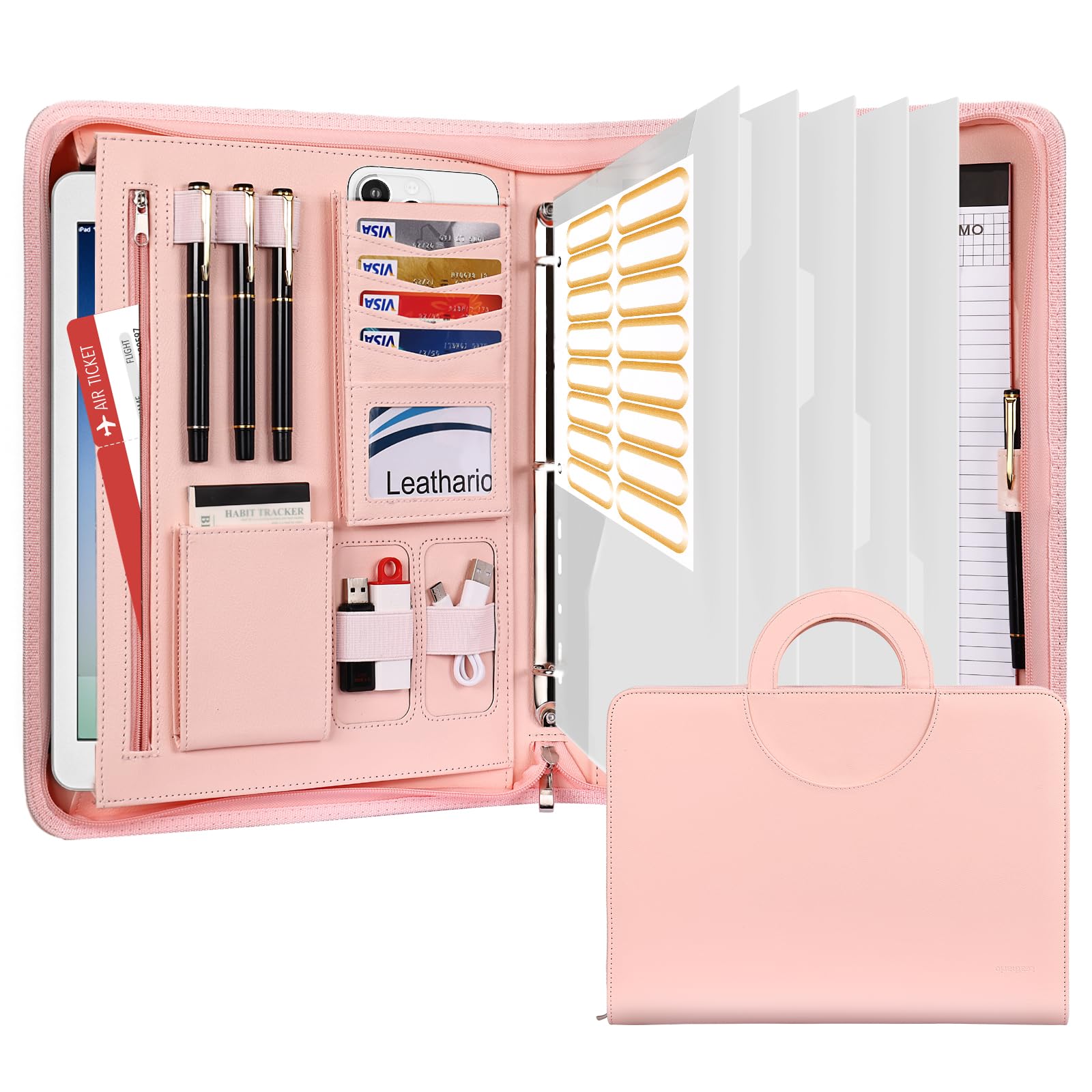 Leathario Portfolio Binder, Includes 5 Folder Index Dividers, 13 Inch Tablets Organizer with Handle, Vegan Leather A4 Padfolio, Multi-Pocket Notepad Business Planner Professional Document