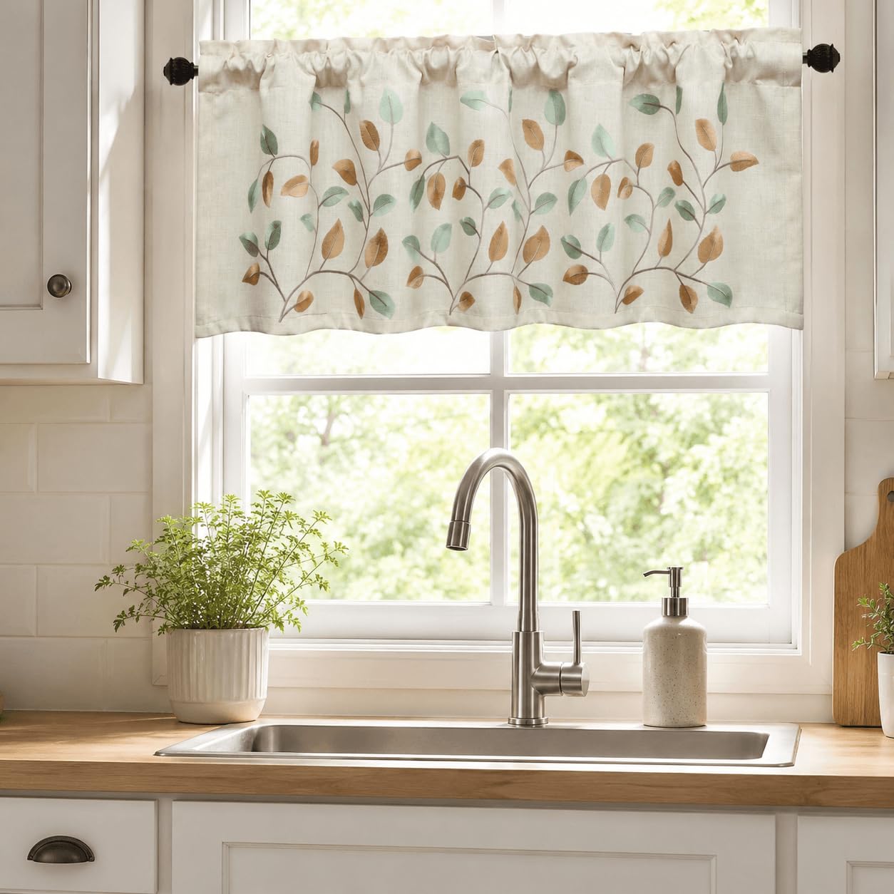 VOGOL Linen Valances for Bathroom, Natural Leaf Embroidered Kitchen Valances for Small Windows, 52 x 18, One Panel, Pocket Top, Green/Coffee โ image 1
