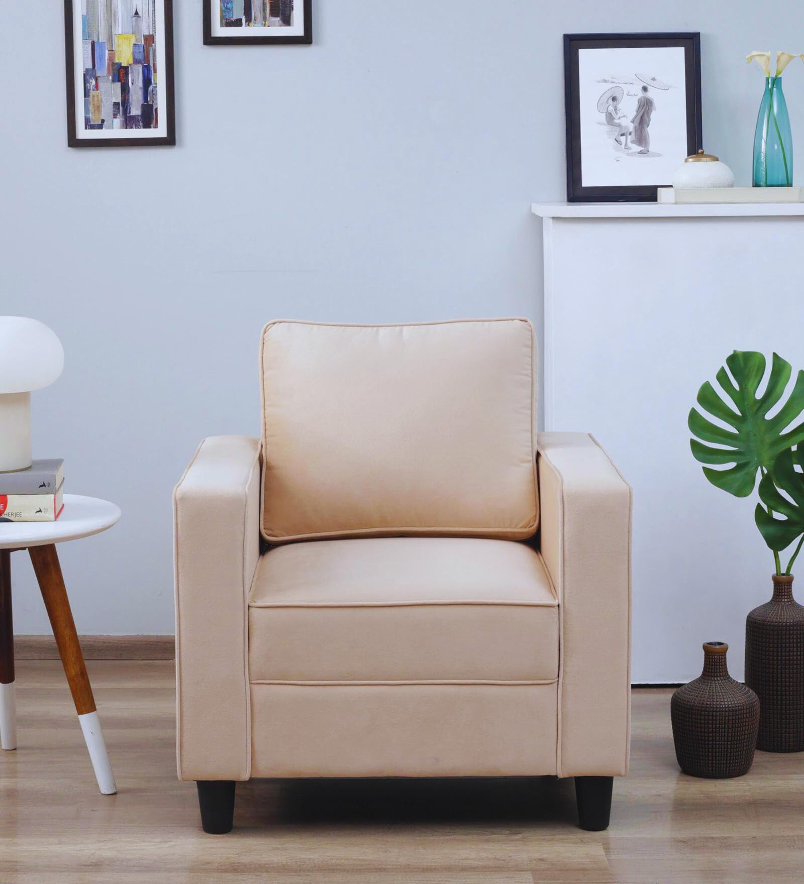 Velvet Fabric/Pine Wood/Foam with Elastic Webbing & Lashing Belt Suspension Siya 1 Seater - Cosmic Beige-image-47