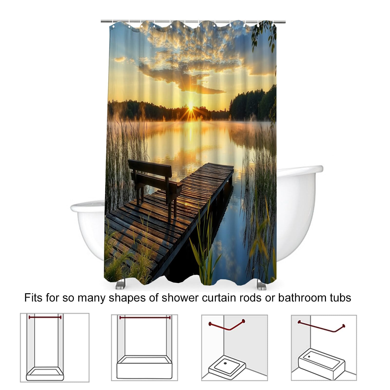 Rideau Douche,Rideau Baignoire Lavable en Machine Rideaux Douche Tissus Lavable Rideau De Baignoire Lavable pour Salle De Bain Domicile Baignoire Famille,Pier Lake,