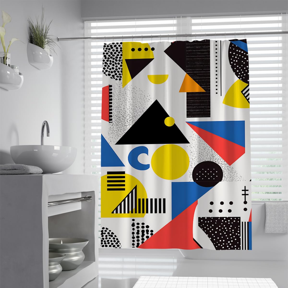 OLLIAR Home Pop Art Geometric Shower Curtain with Hooks Colorful Abstract Cartoon Bathroom Decor Waterproof Polyester Fabric Bath Curtain Easy To Clean 150x180cm