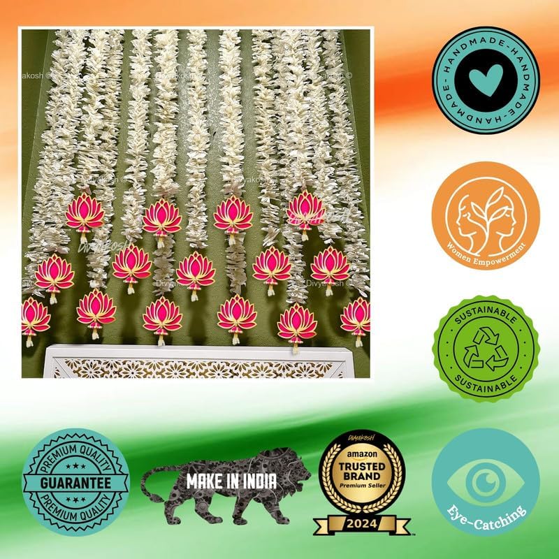 Divyakosh Wood Lotus Hanging 7 Pcs With White Artificial Flowers, 3 Ft Each, Handmade Wall Decoration Lotushanging | Floral Wall Hangings For Temple Décor,Home Decor,Diwali & All Festival Décor 4