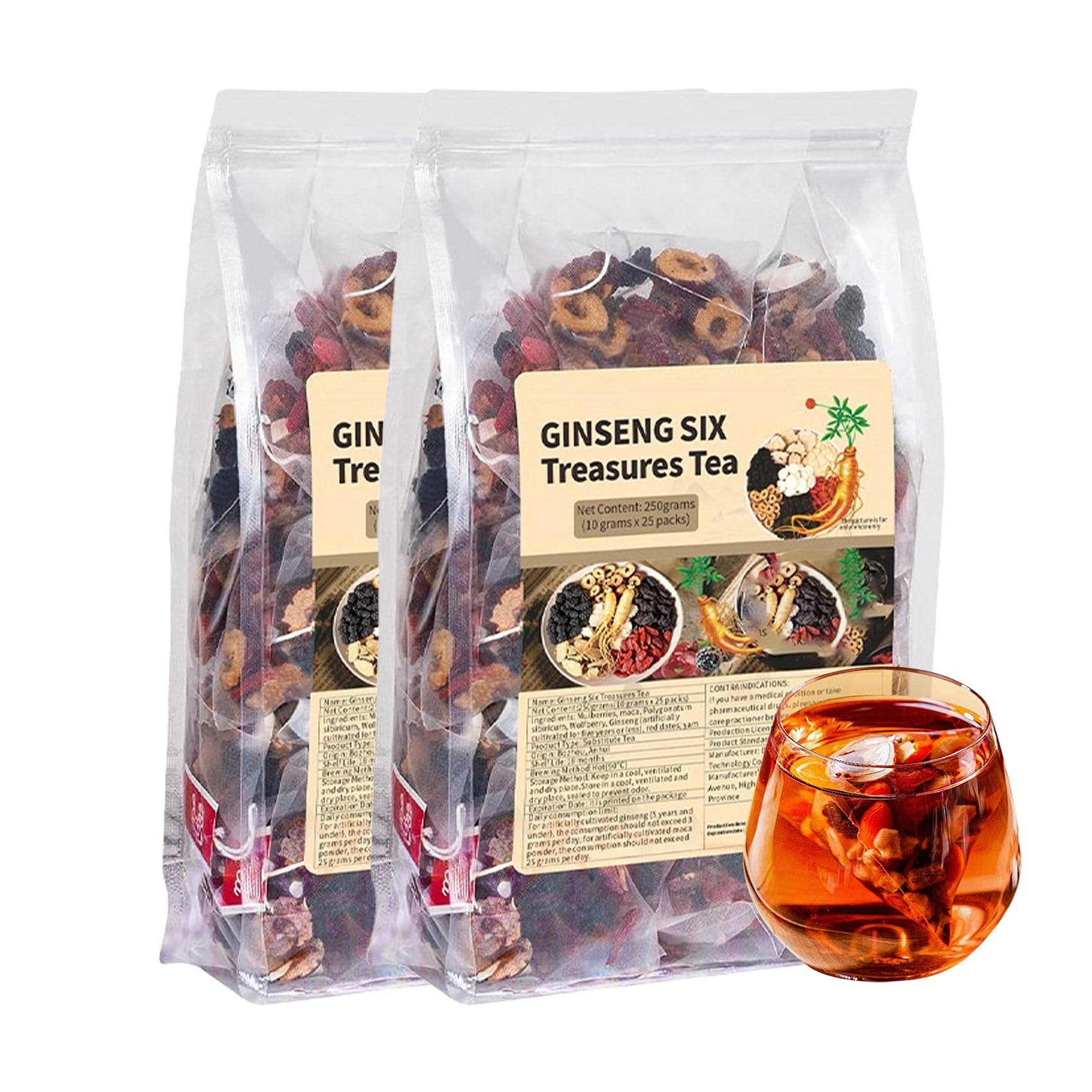 Ginseng Six Treasure Tea, Kidney Tea Formula Ginseng Six Treasure Teas for Daily Wellness, Mulberry, Goji Berry, Red Date | 30 Tea Bags for Men & Women (2 Pack)