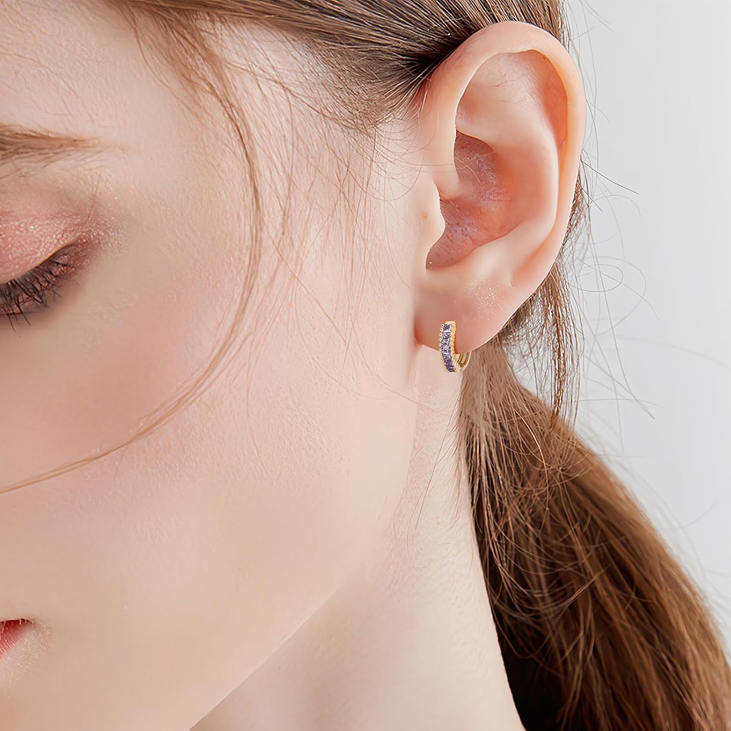 Small Gold Hoop Earrings for Women 14K Real Gold Plated Mini Cartilage Hypoallergenic Cubic Zirconia Birthstone Huggie Earrings for Women - Image 2