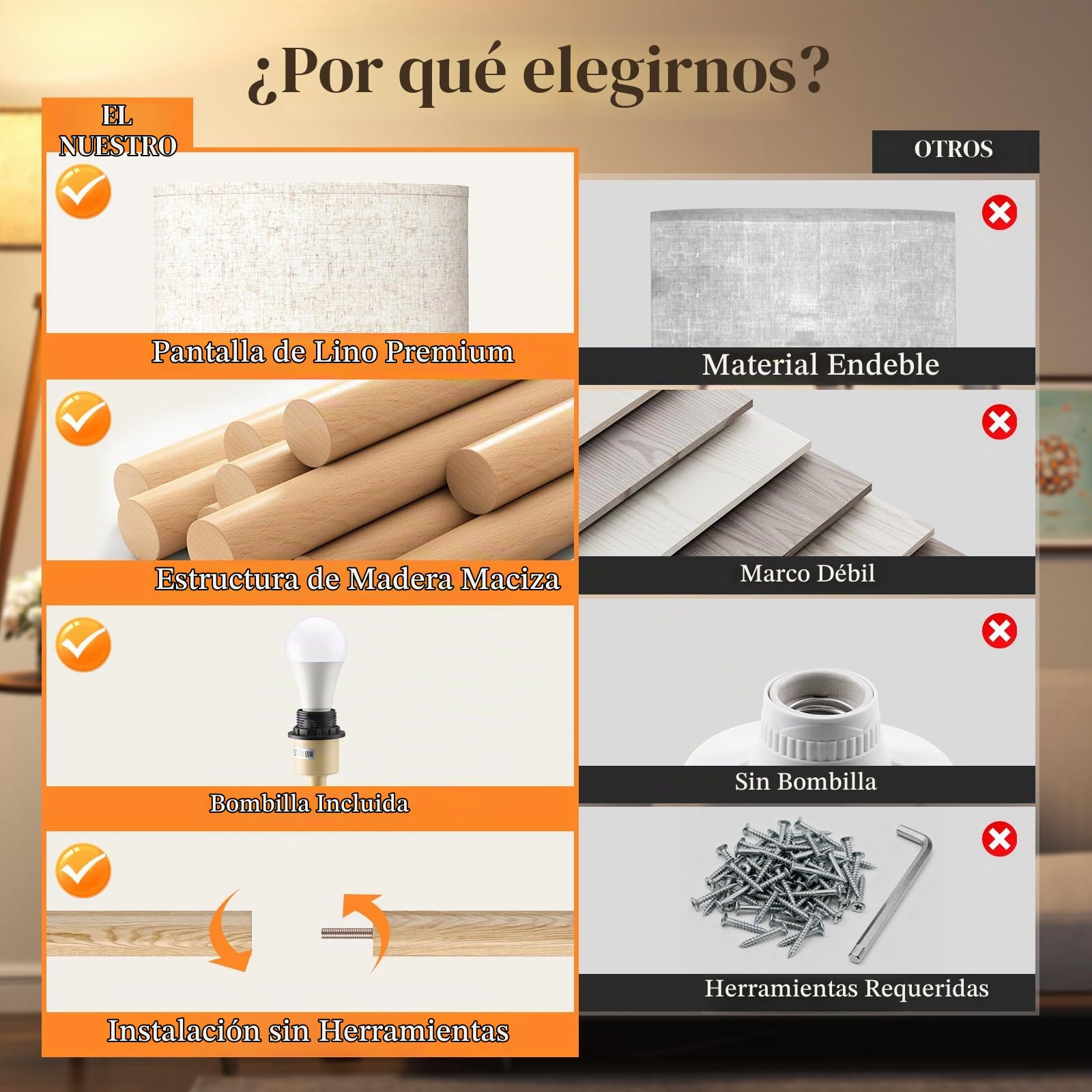 Lámpara de Pie Trípode LED Regulable Con Separadores de Almacenaje - 12W Lampara de Pie Madera con Mando & Bombilla E27, Luz para Leer para Salón, Dormitorio, Marrón Oscuro - Estante Triangular